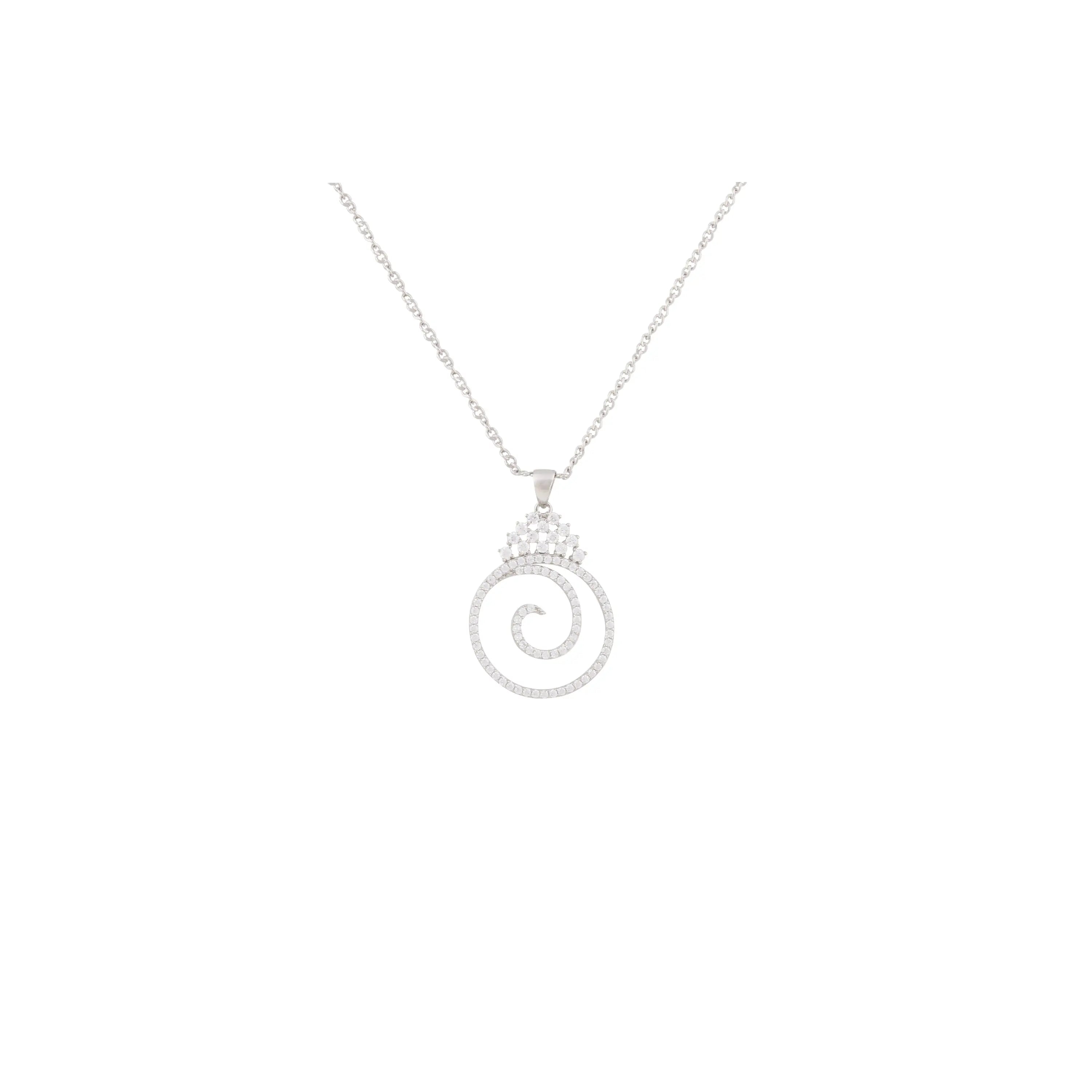 Asfour Chain Necklace Made Of 925 Sterling Silver With Circle Pendant Inlaid With Transparent Circular Stones Of Zircon