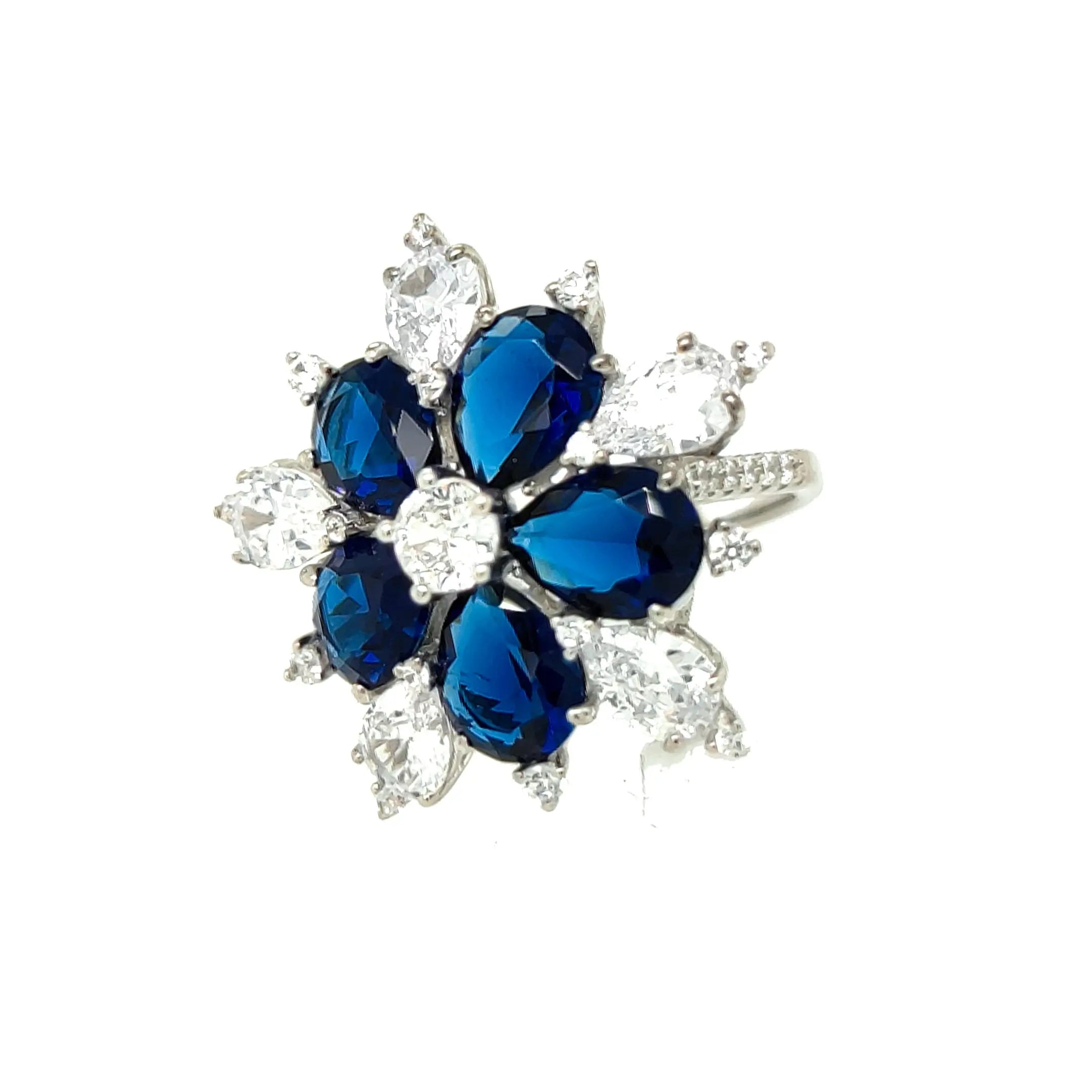 Asfour Crystal 925 Silver Flower Shape With Blue & Clear Crystal Lobes Ring - Silver Size 8