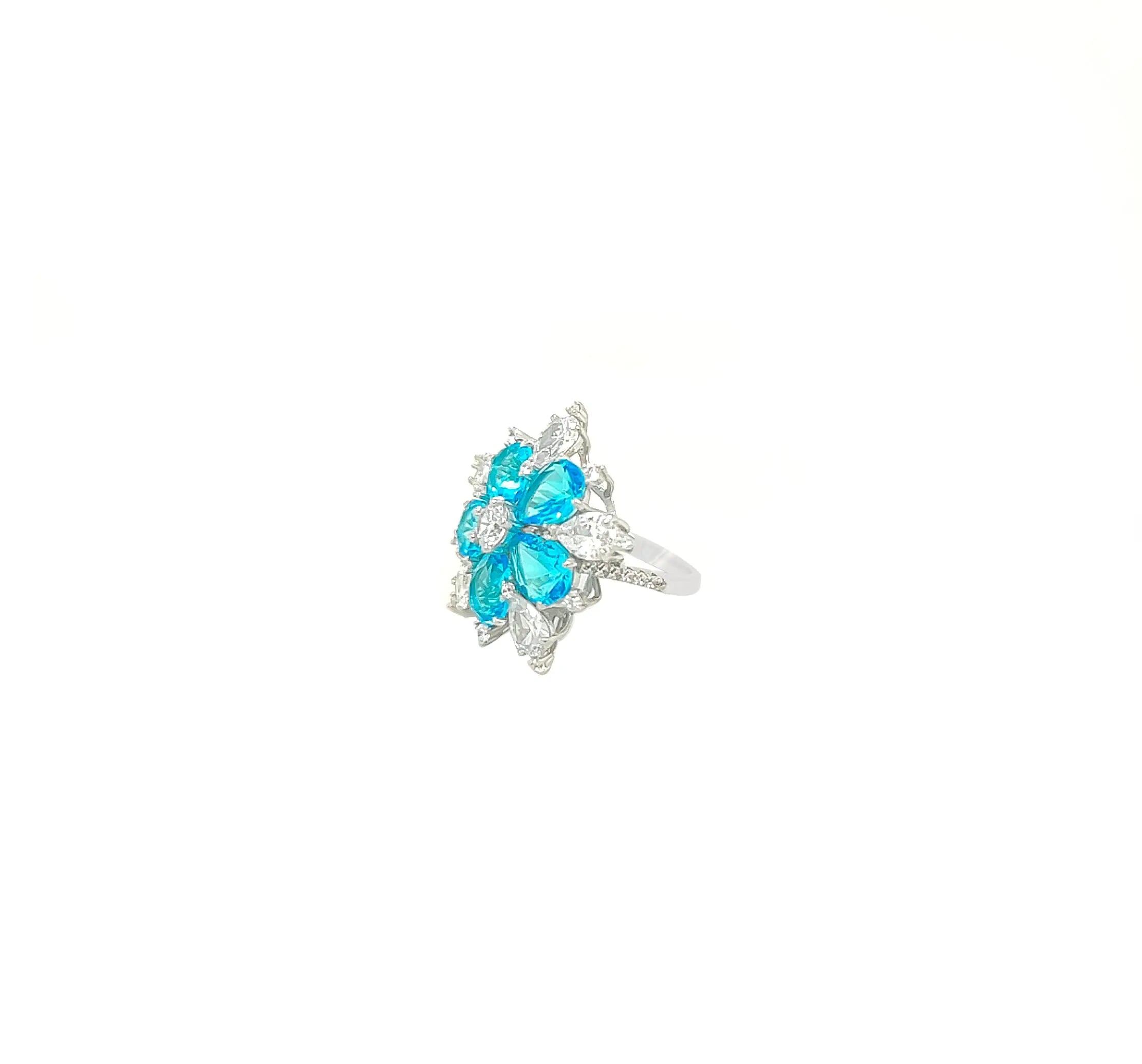Asfour Crystal 925 Silver Heart Ring With Transparent & Aqua Zircon Lobes - Silver - Size 9