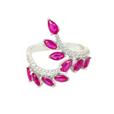 Asfour Crystal 925 Silver Leaves Ring With Transparent & Fushia Zircon Lobes - Silver - Size 8