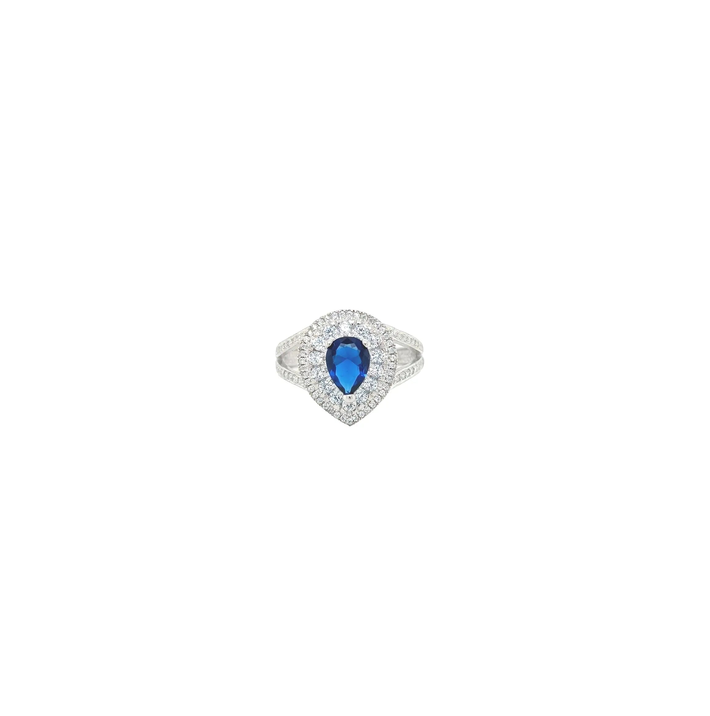 Asfour Crystal 925 Silver Pear Ring With Clear & Blue Zircon Lobes - Silver -Size 7