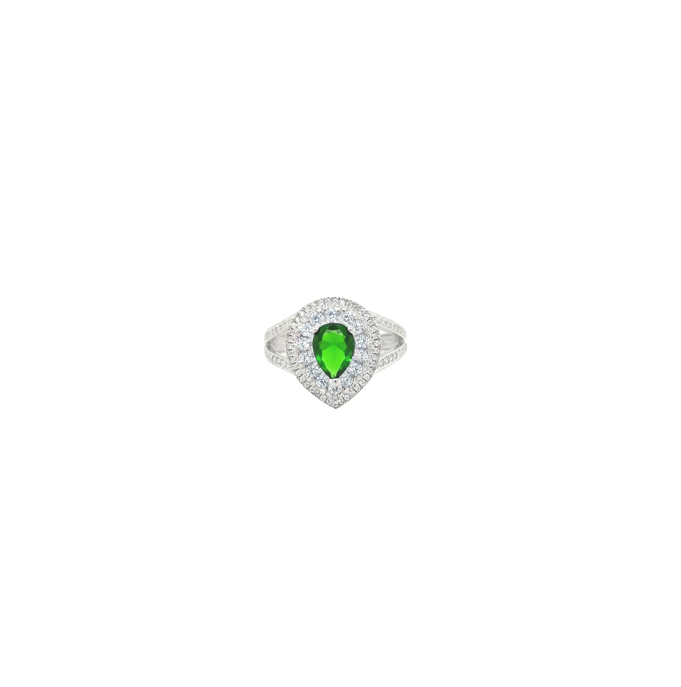 Asfour Crystal 925 Silver Pear Ring With Clear & Green Zircon Lobes - Silver -Size 7