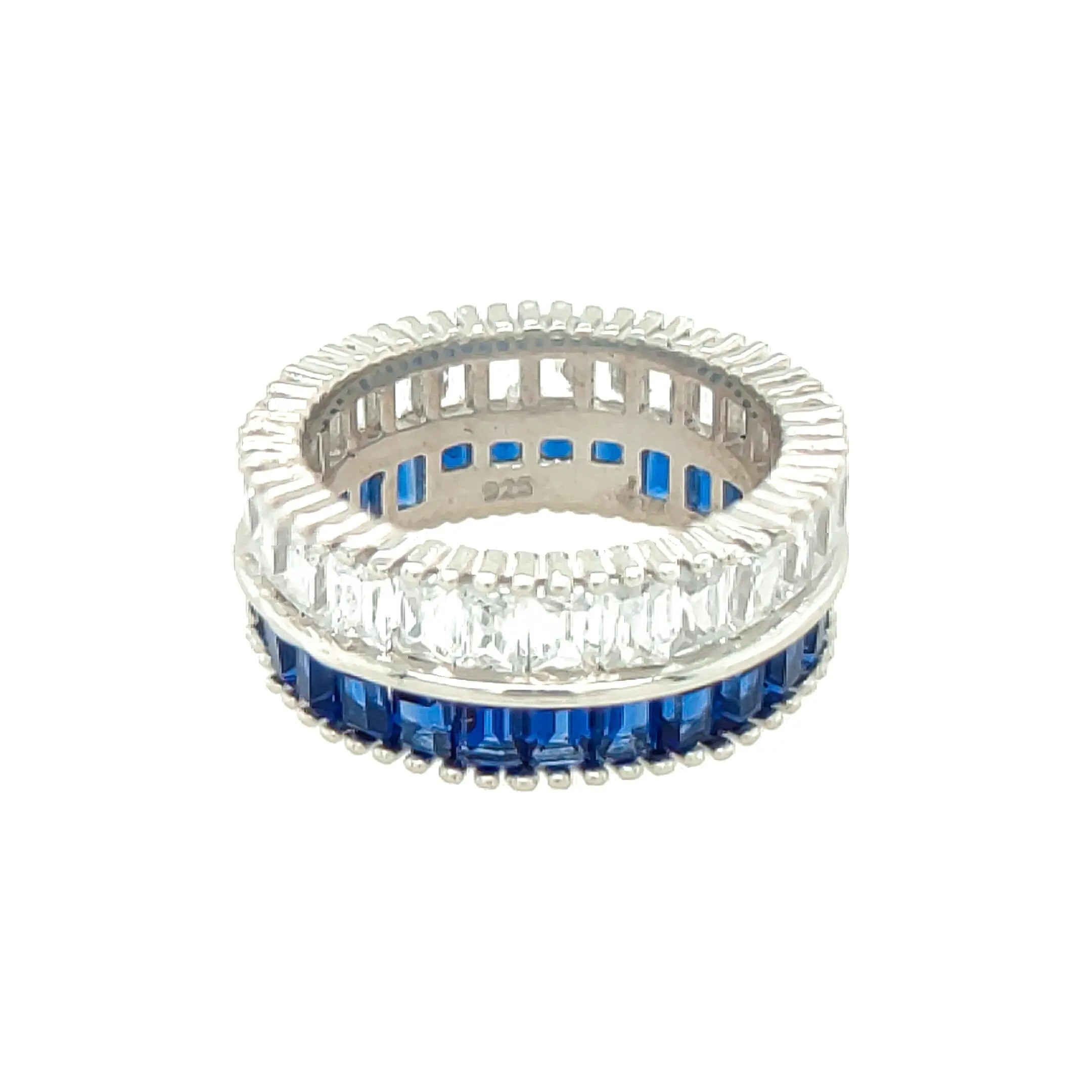 Asfour Crystal 925 Silver With Blue & Clear Crystal Lobes Ring - Silver  Size 7