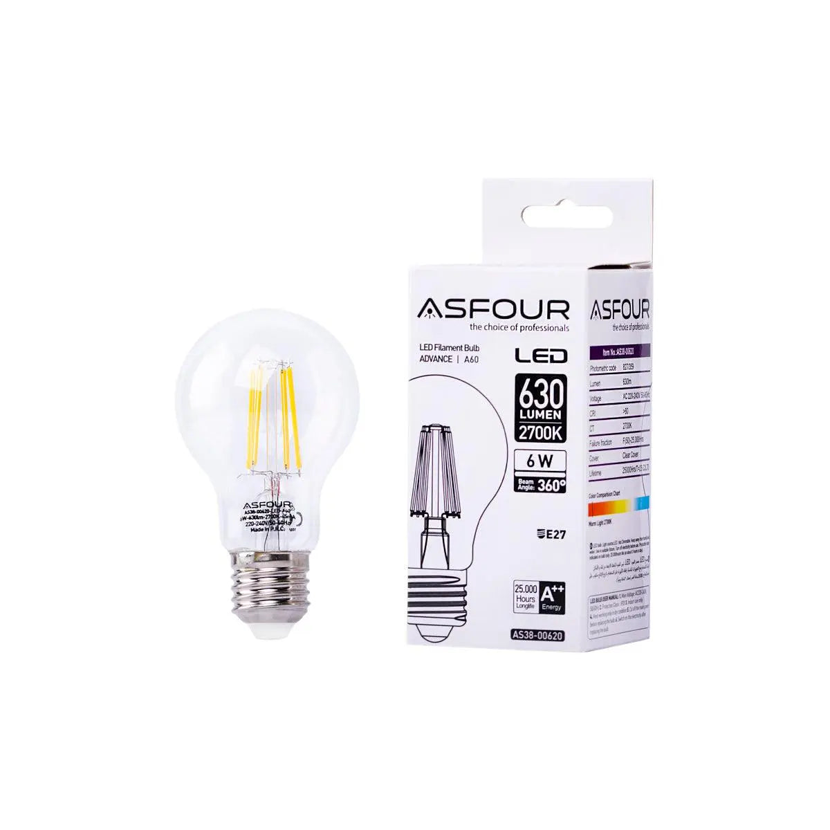 Asfour Led Filament Bulb E27 - Warm Light - 6W (Energy Saver) - Asfour Crystal