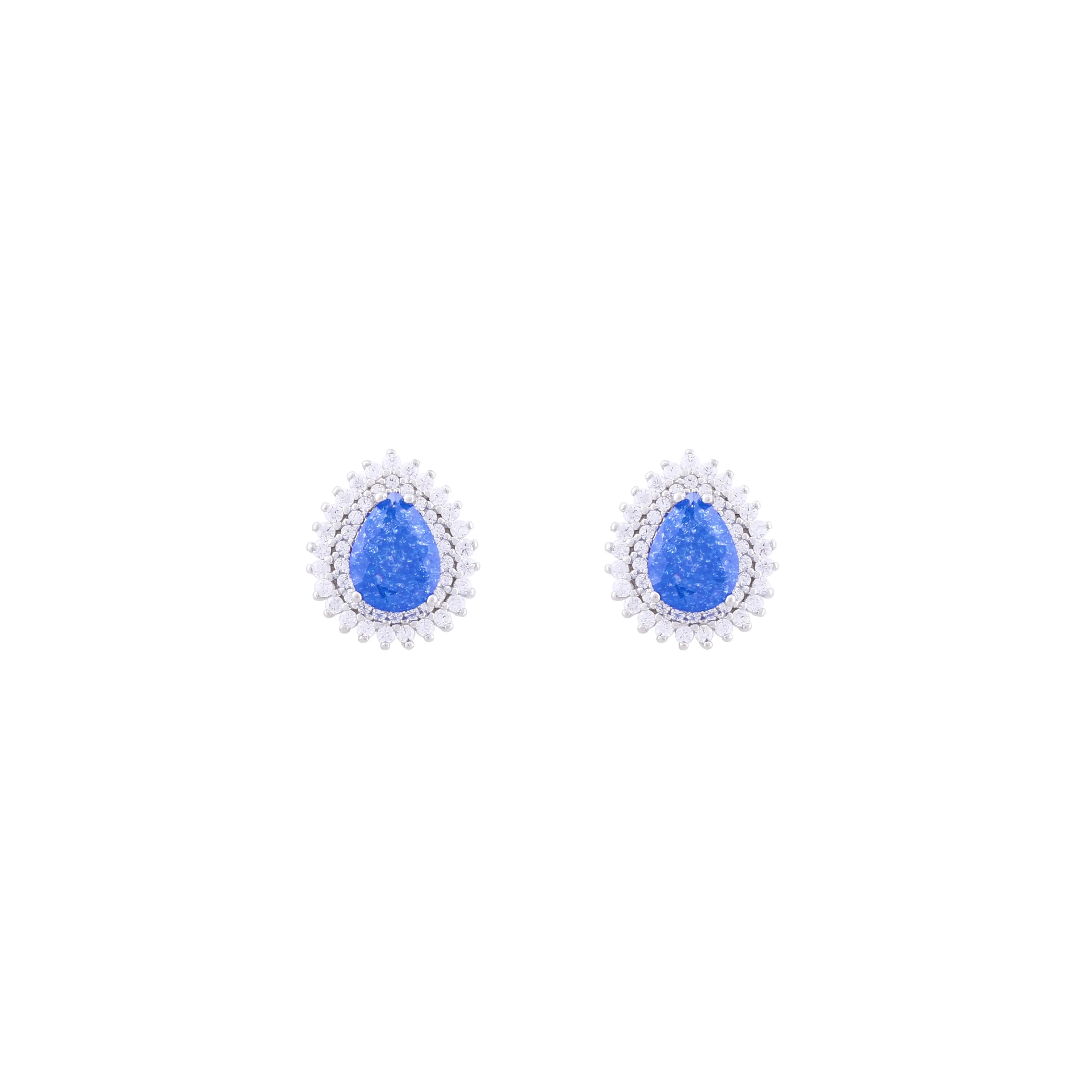 Asfour Stud Earrings made of 925 sterling silver, with a pear design, inlaid with a Blue zircon Stone and decorated with zircon Stones