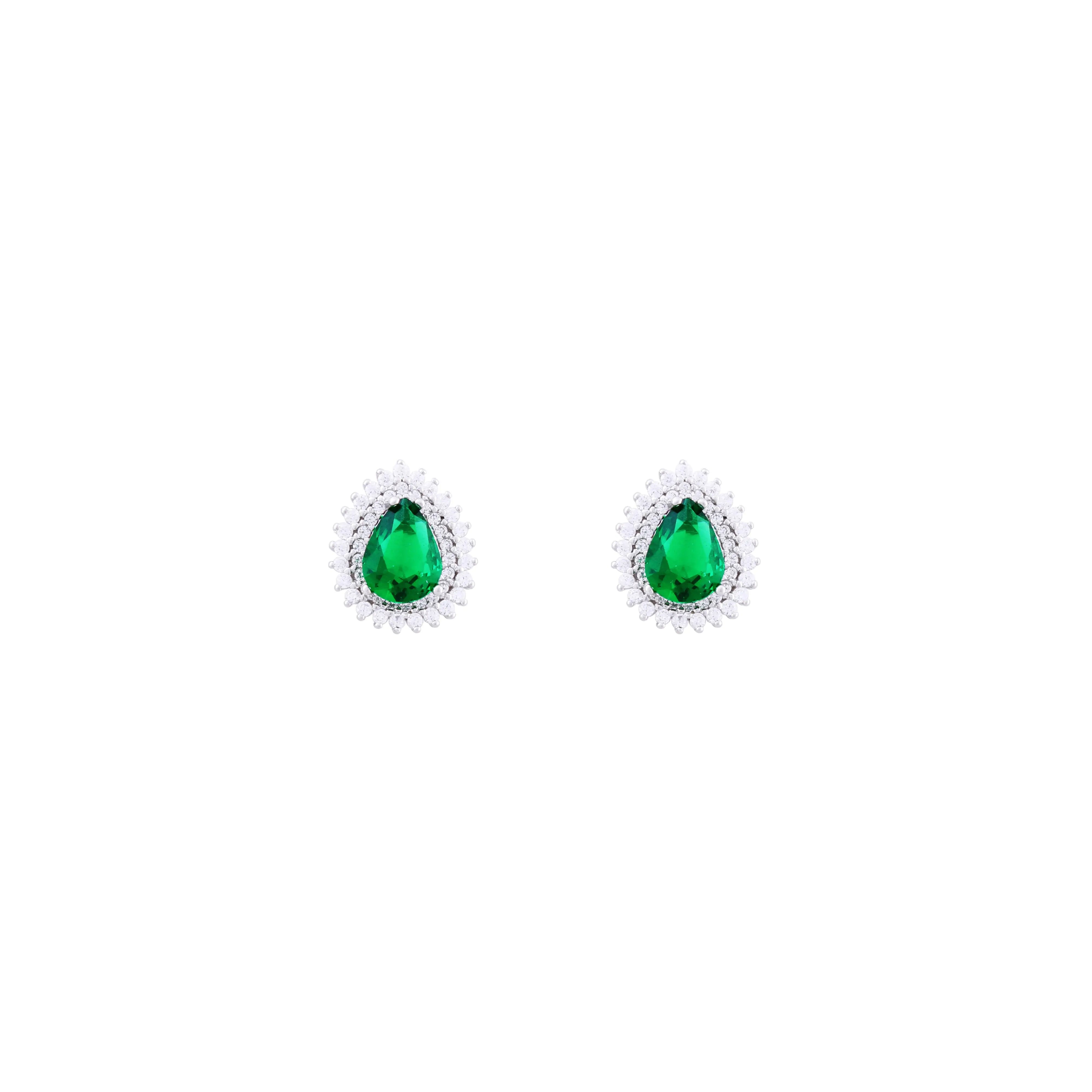 Asfour Stud Earrings made of 925 sterling silver, with a pear design, inlaid with a Green zircon Stone and decorated with zircon Stones