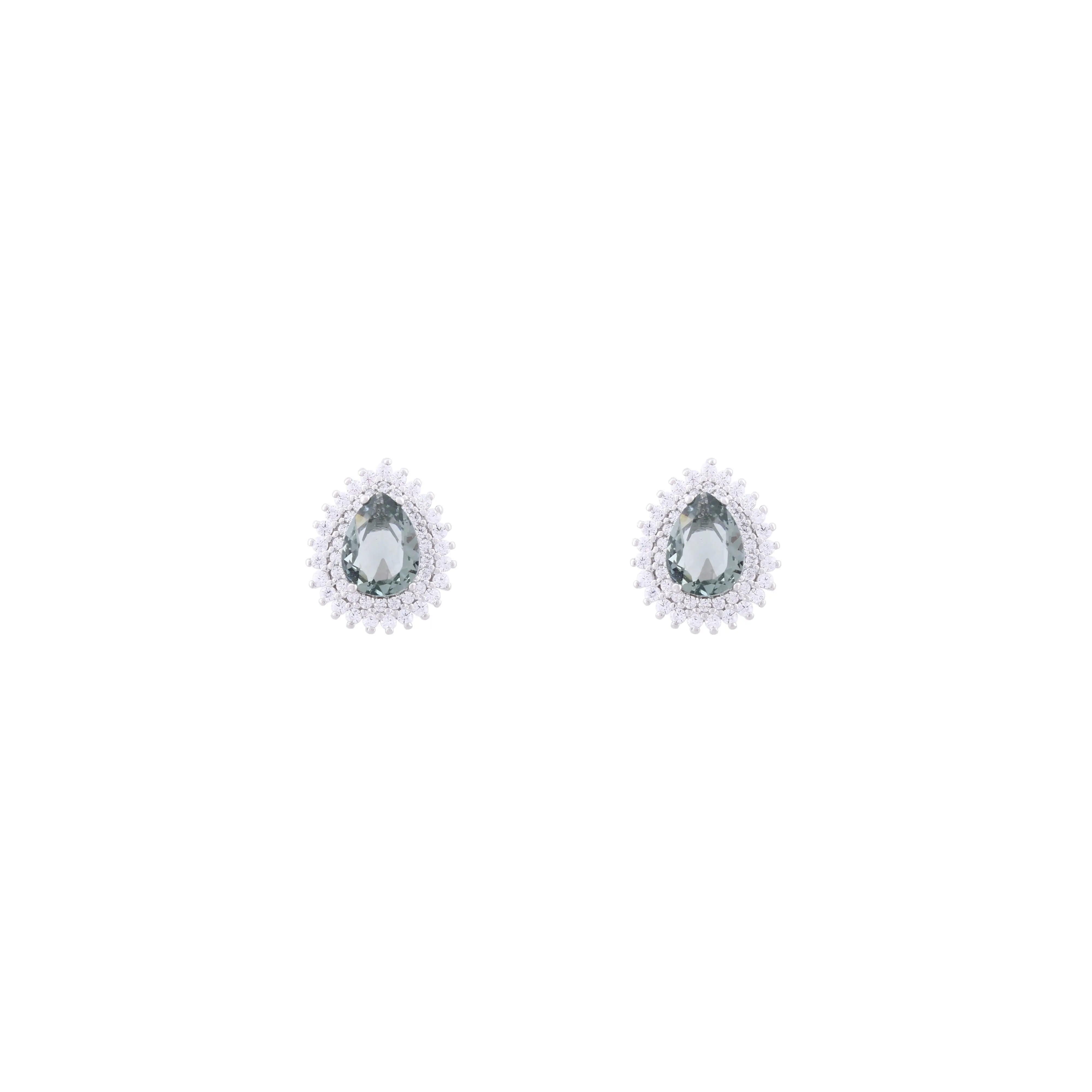 Asfour Stud Earrings made of 925 sterling silver, with a pear design, inlaid with a Olivine zircon Stone and decorated with zircon Stones