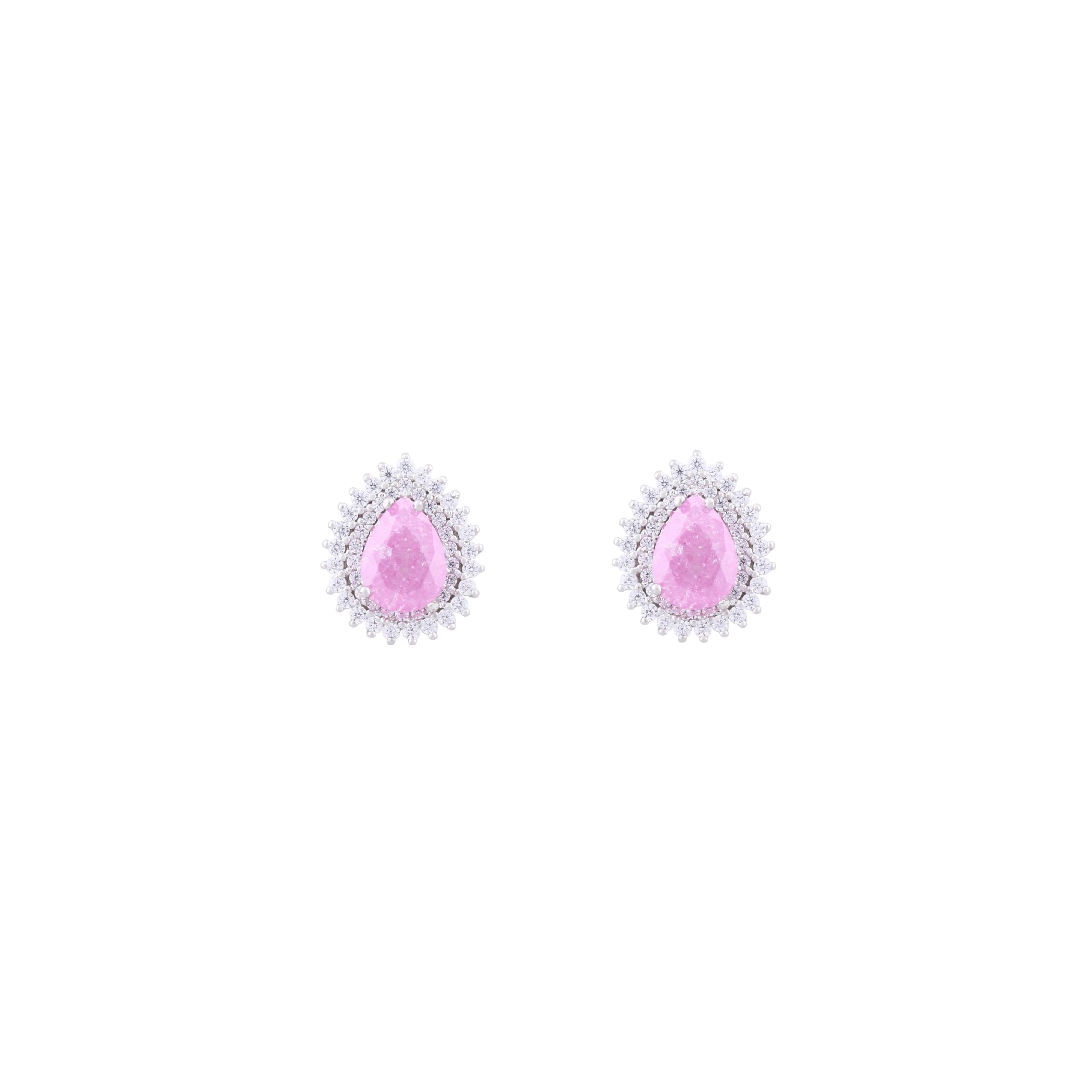 Asfour Stud Earrings made of 925 sterling silver, with a pear design, inlaid with a Rose zircon Stone and decorated with zircon Stones