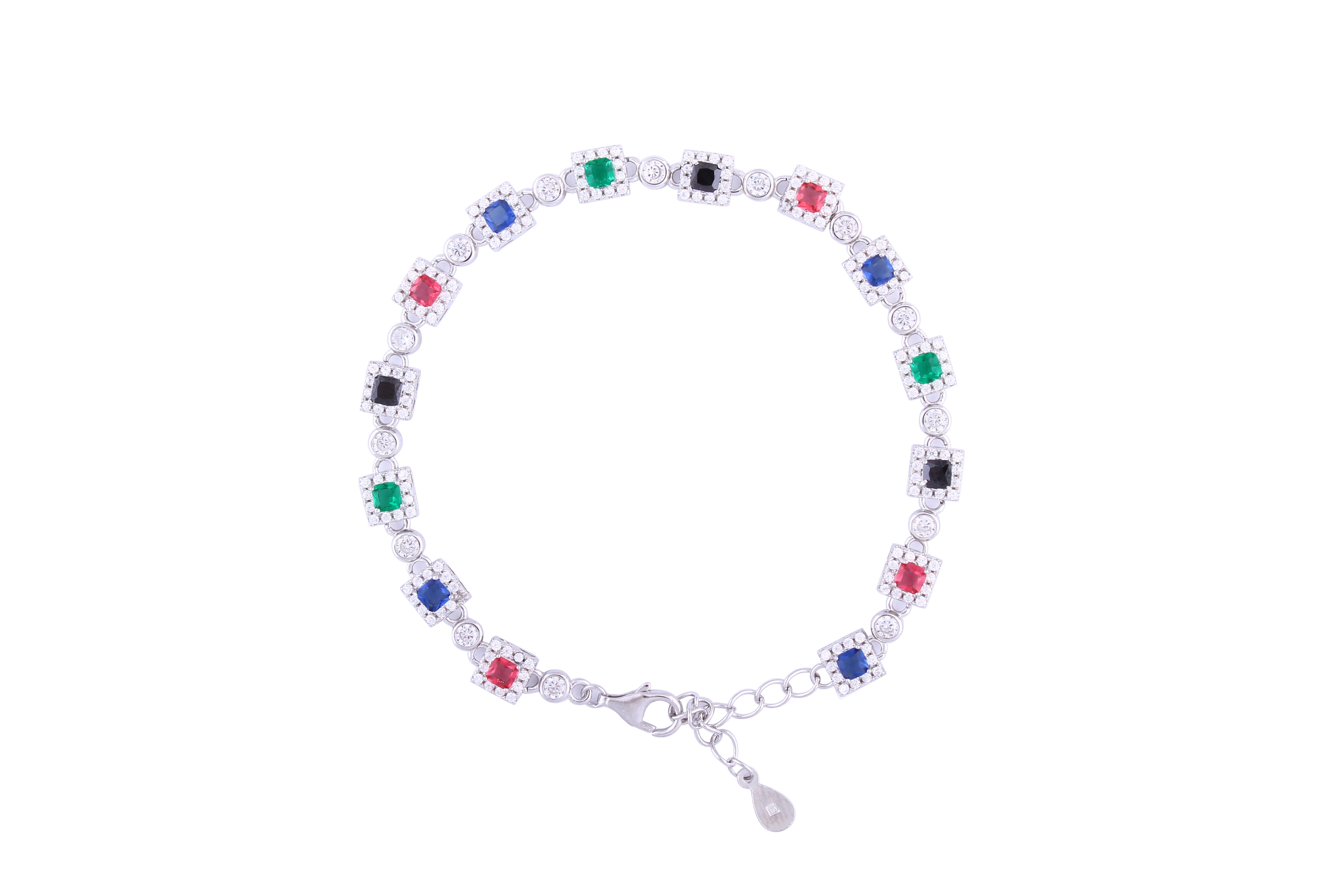 Asfour Crystal Tennis Bracelet With Multi Color Princess Cut In 925 Sterling Silver BD0006-K