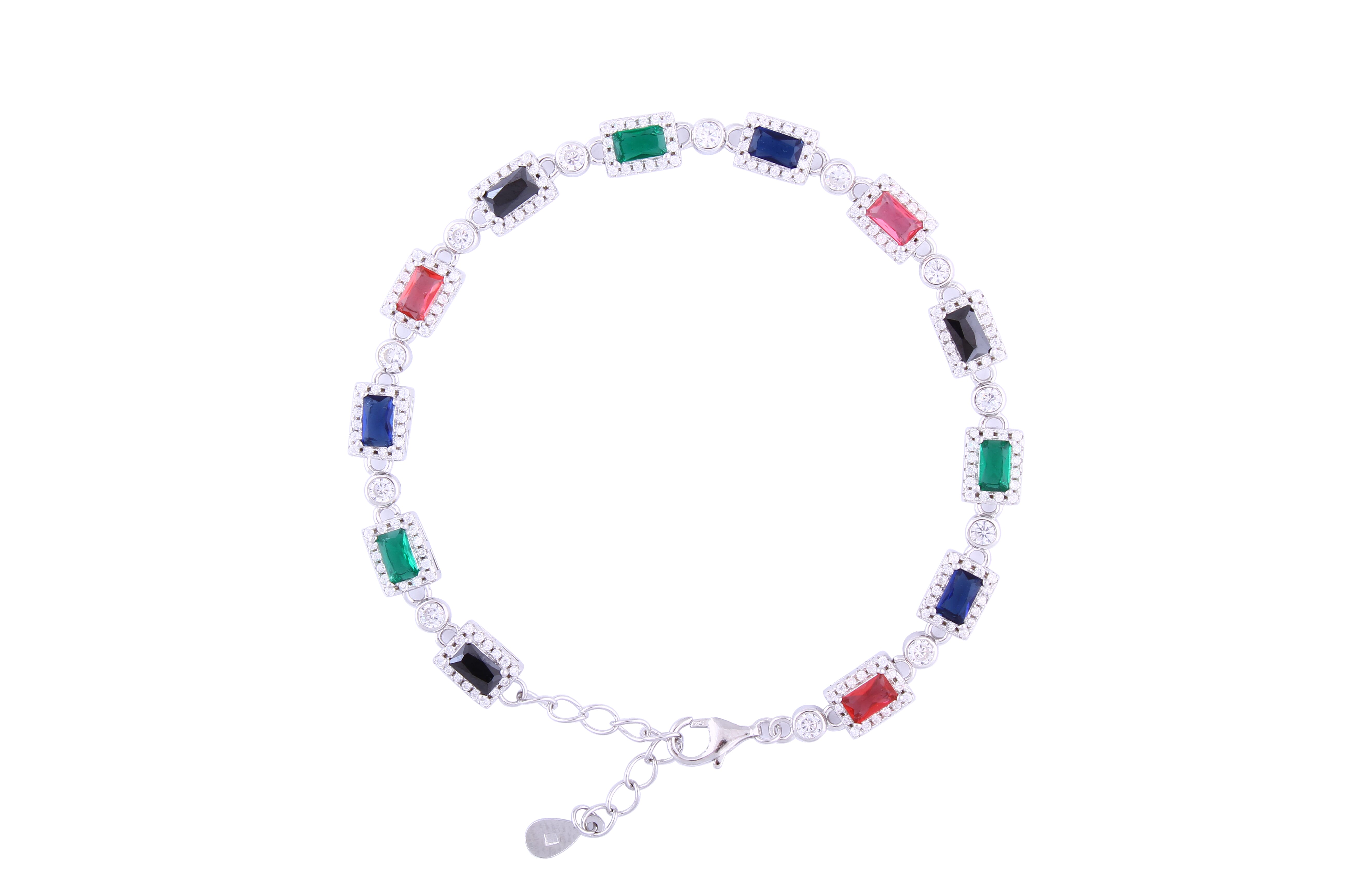 Asfour Crystal Tennis Bracelet With Multi Color Rectangle Design In 925 Sterling Silver BD0007-K