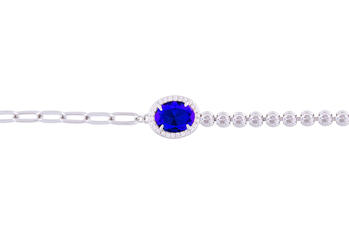 Asfour Crystal Paperclip Tennis Bracelet With Blue Oval Stone In 925 Sterling Silver-BD0010-BW