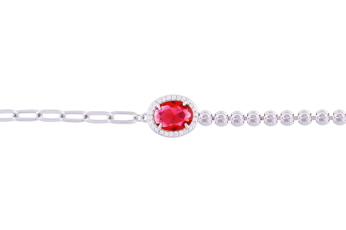 Asfour Crystal Paperclip Tennis Bracelet With Ruby Oval Design In 925 Sterling Silver-BD0010-RW