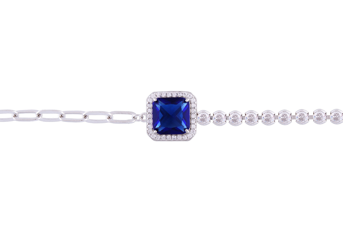 Asfour Crystal Paperclip Tennis Bracelet With Blue Asscher Design In 925 Sterling Silver-BD0015-BW