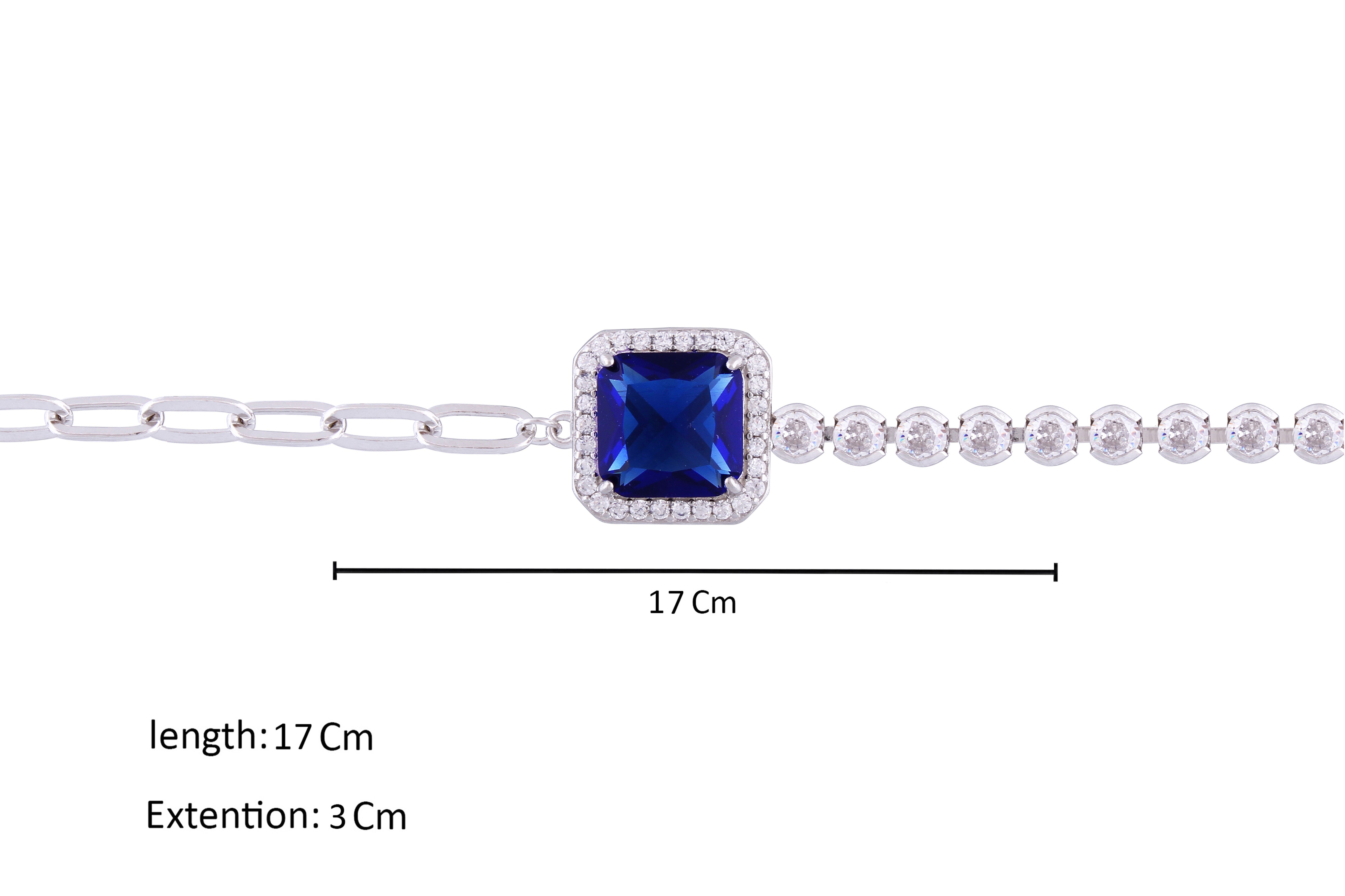 Asfour Crystal Paperclip Tennis Bracelet With Blue Asscher Design In 925 Sterling Silver-BD0015-BW