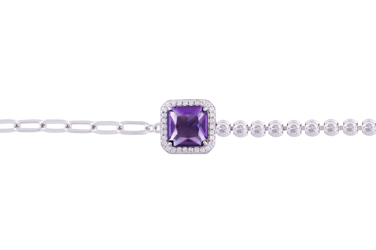 Asfour Crystal Paperclip Tennis Bracelet With Tenzanite Asscher Design In 925 Sterling Silver-BD0015-NW