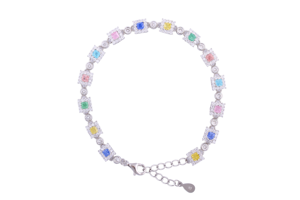 Asfour Crystal Tennis Bracelet With Multi Color Squares Stones In 925 Sterling Silver-BD0016-K-A