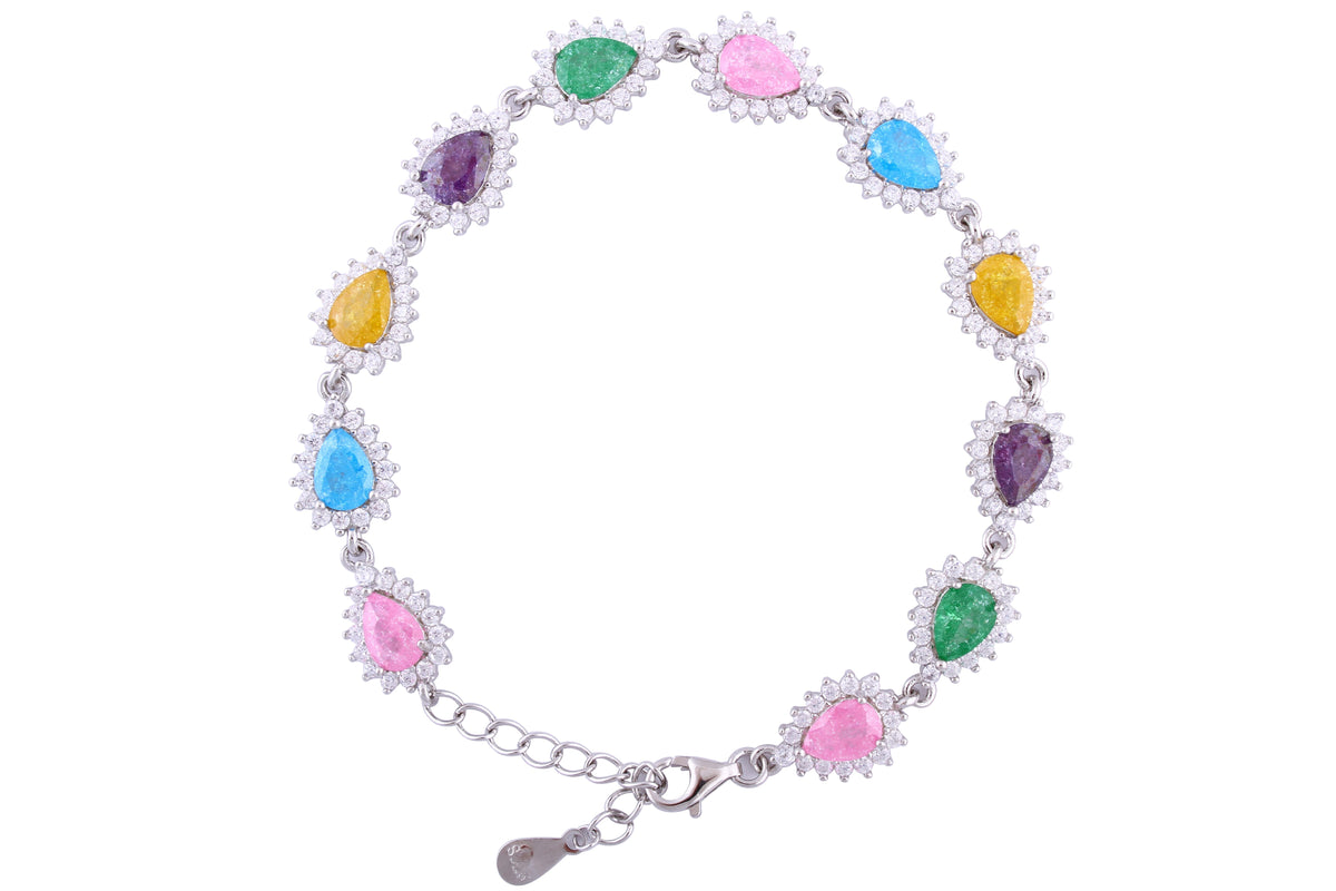 Asfour Crystal Tennis Bracelet With Multi Color Pear Design In 925 Sterling Silver-BD0019-K-A