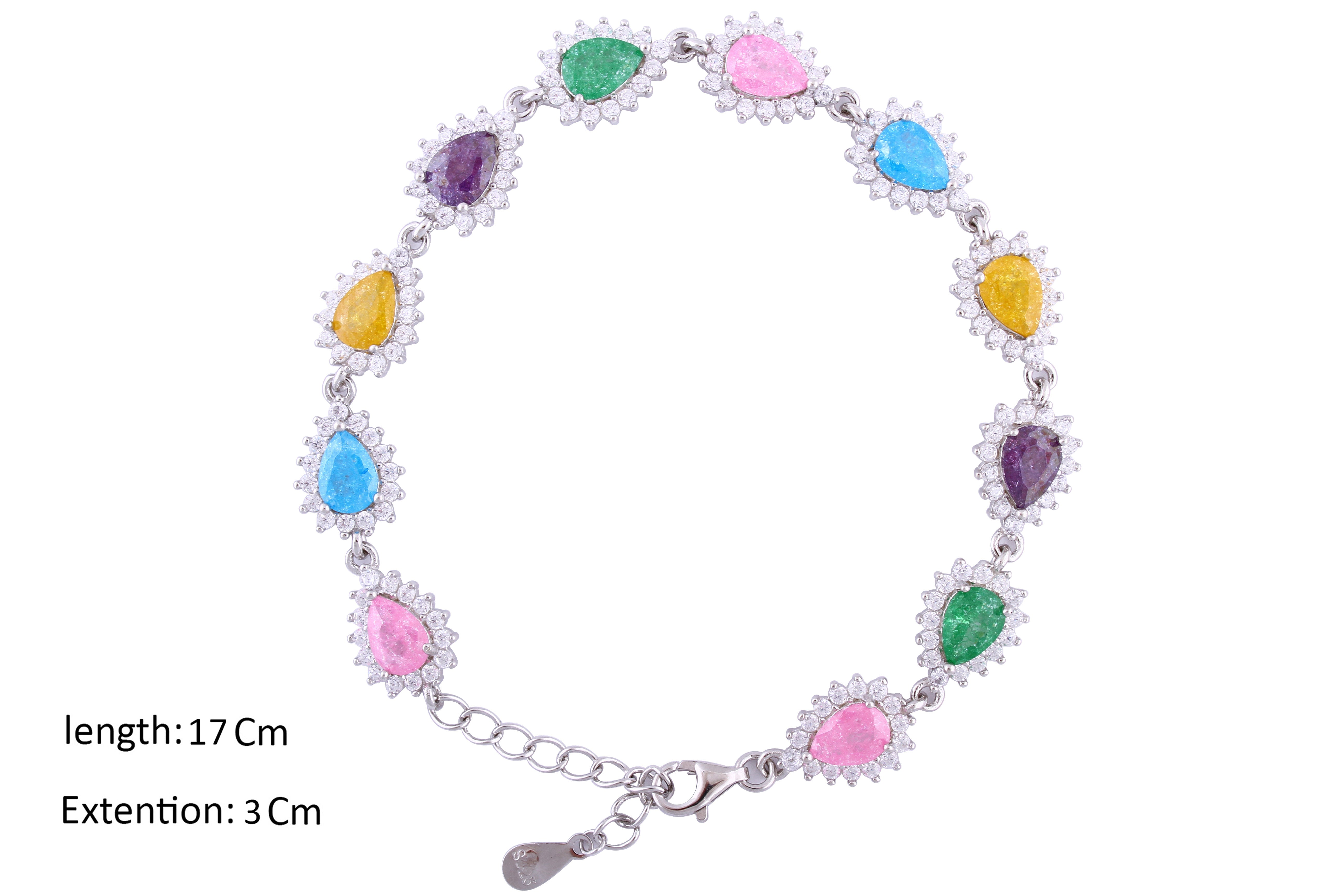 Asfour Crystal Tennis Bracelet With Multi Color Pear Design In 925 Sterling Silver-BD0019-K-A