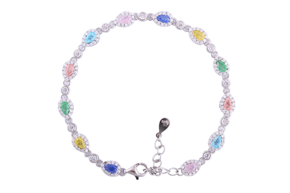 Asfour Crystal Tennis Bracelet With Multi Color Pear Design In 925 Sterling Silver-BD0020-K-A