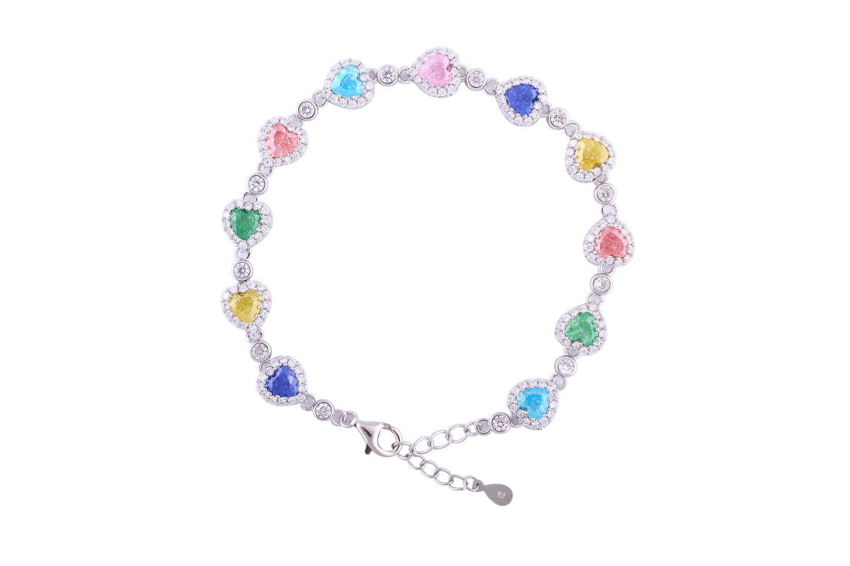 Asfour Crystal Tennis Bracelet With Multi Color Heart Stones In 925 Sterling Silver-BD0021-K-A