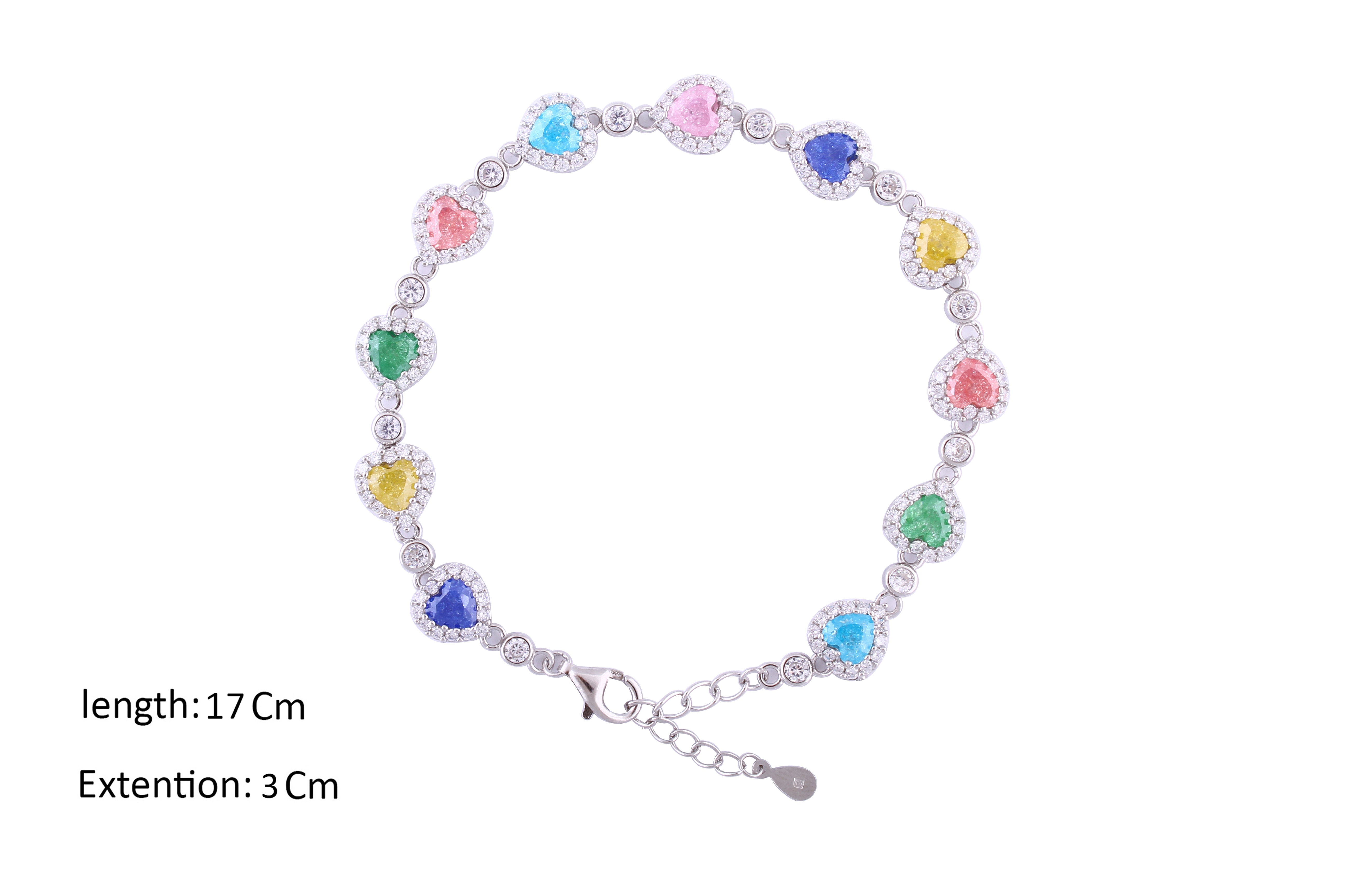 Asfour Crystal Tennis Bracelet With Multi Color Heart Stones In 925 Sterling Silver-BD0021-K-A