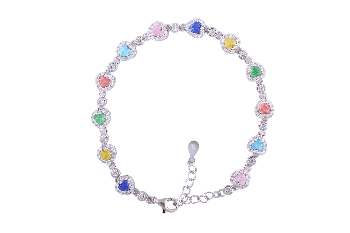 Asfour Crystal Tennis Bracelet With Multi Color Heart Stones In 925 Sterling Silver-BD0022-K-A