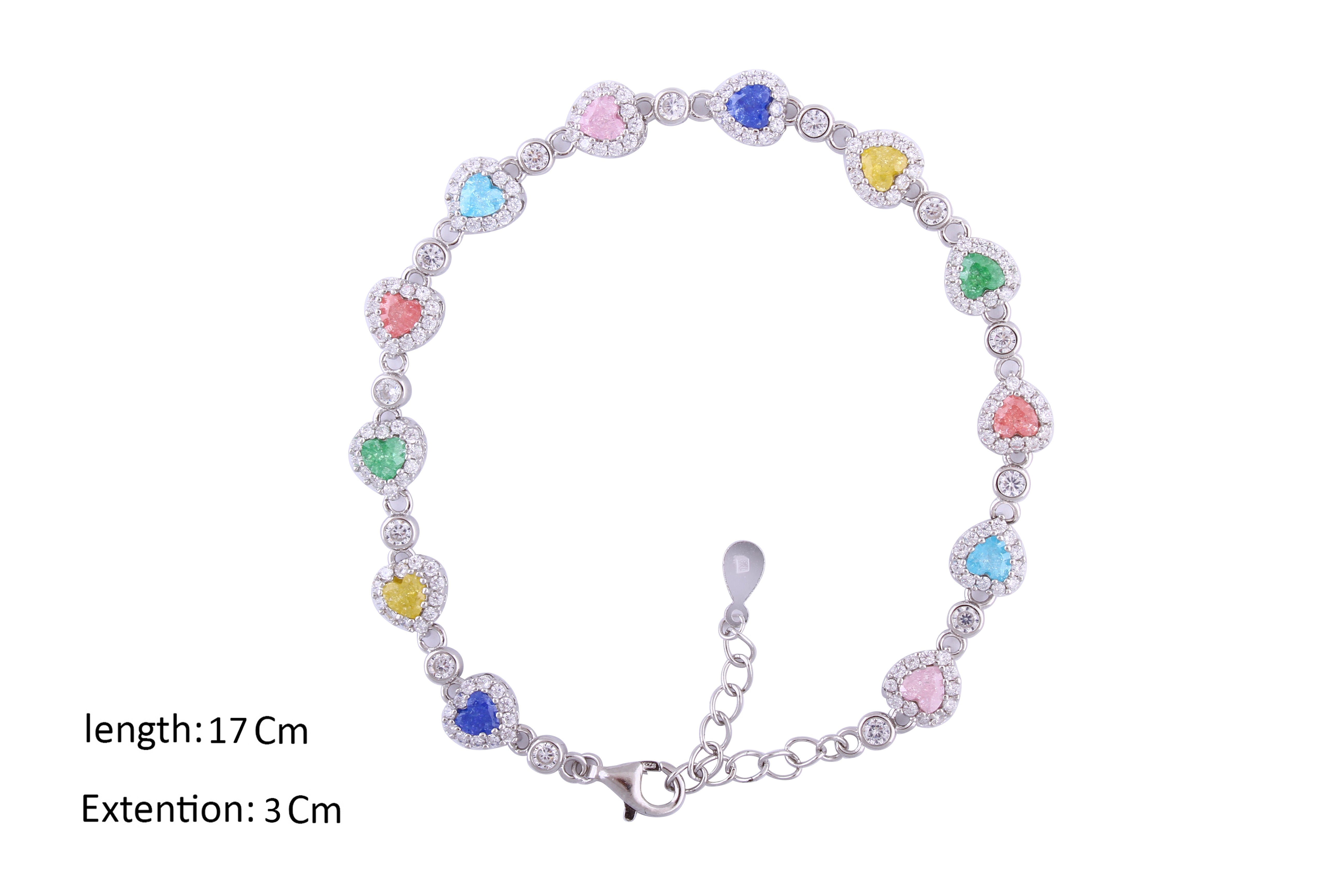 Asfour Crystal Tennis Bracelet With Multi Color Heart Stones In 925 Sterling Silver-BD0022-K-A