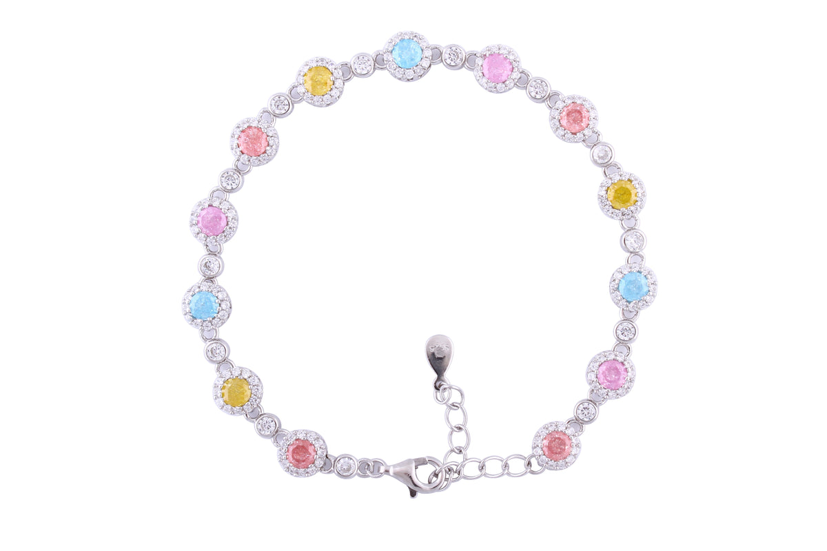 Asfour Crystal Tennis Bracelet With Multi Color Round Stones In 925 Sterling Silver-BD0024-K-A