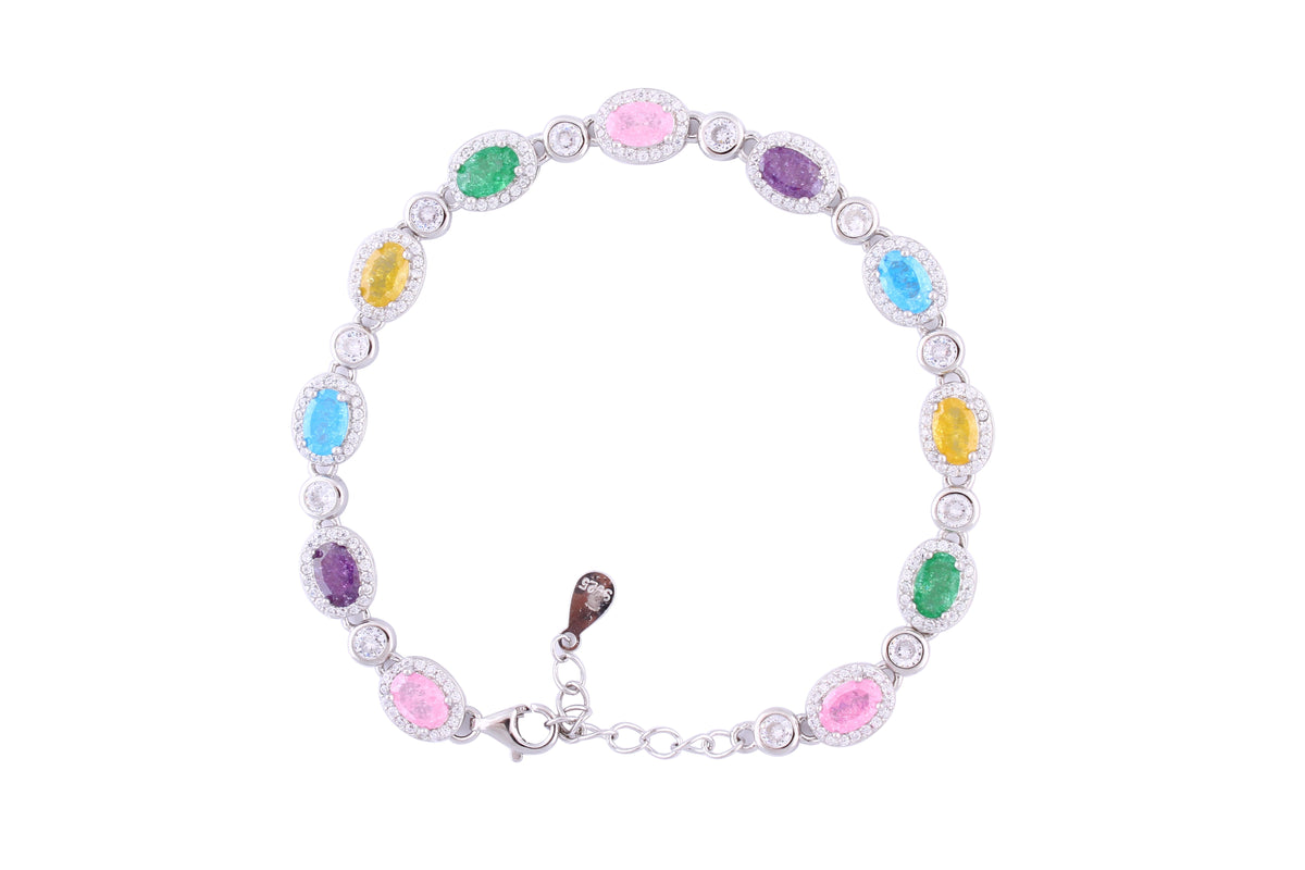 Asfour Crystal Tennis Bracelet With Multi Color Oval Stones In 925 Sterling Silver-BD0025-K-A