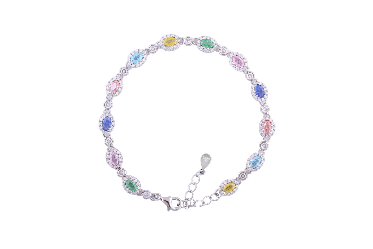 Asfour Crystal Tennis Bracelet With Multi Color Oval Stones In 925 Sterling Silver-BD0026-K-A