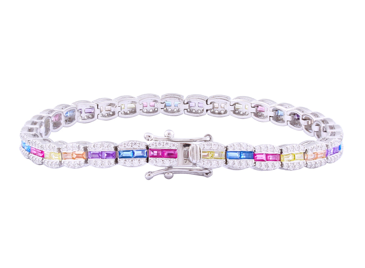 Asfour Crystal Tennis Bracelet With Multi Color Zircon Stones In 925 Sterling Silver BD0040-K