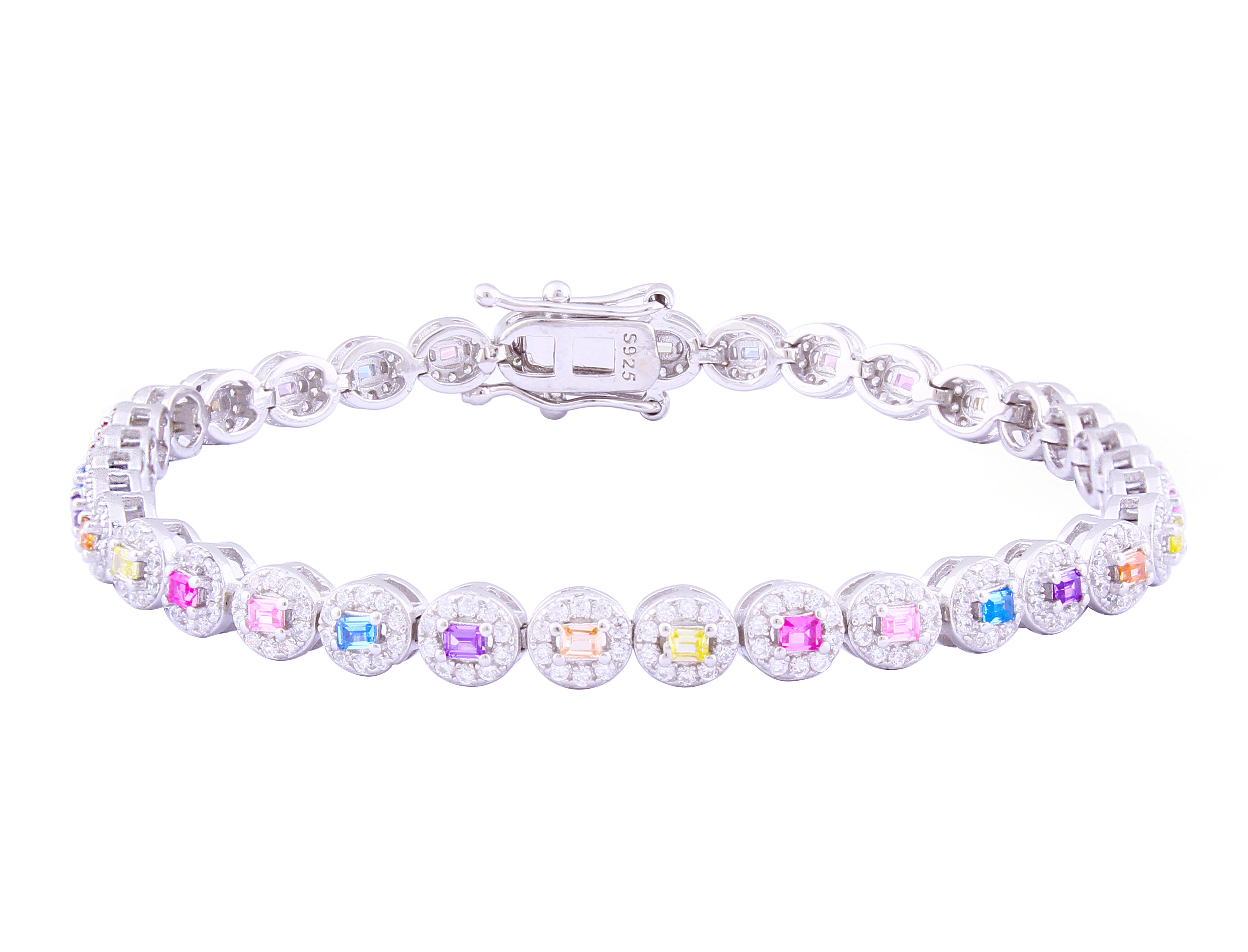 Asfour Crystal Tennis Bracelet With Multi Color Round Zircon Stones In 925 Sterling Silver BD0042-K