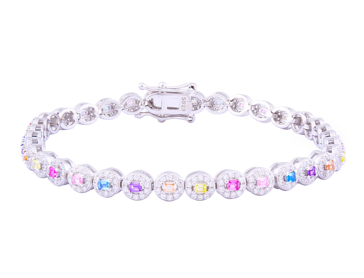 Asfour Crystal Tennis Bracelet With Multi Color Round Zircon Stones In 925 Sterling Silver BD0042-K