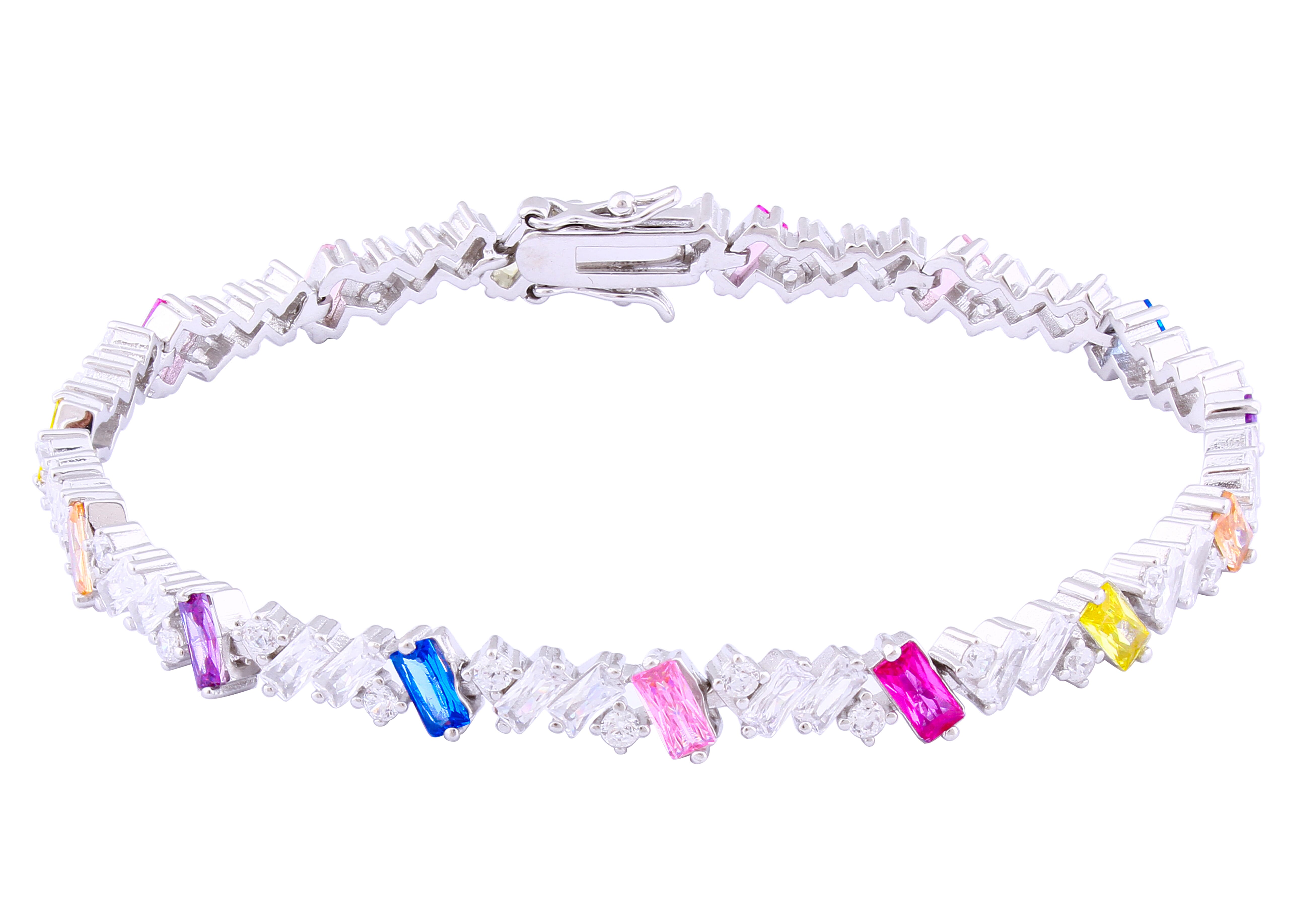 Asfour Crystal Tennis Bracelet With Multi Color Baguette Stones In 925 Sterling Silver BD0044-K