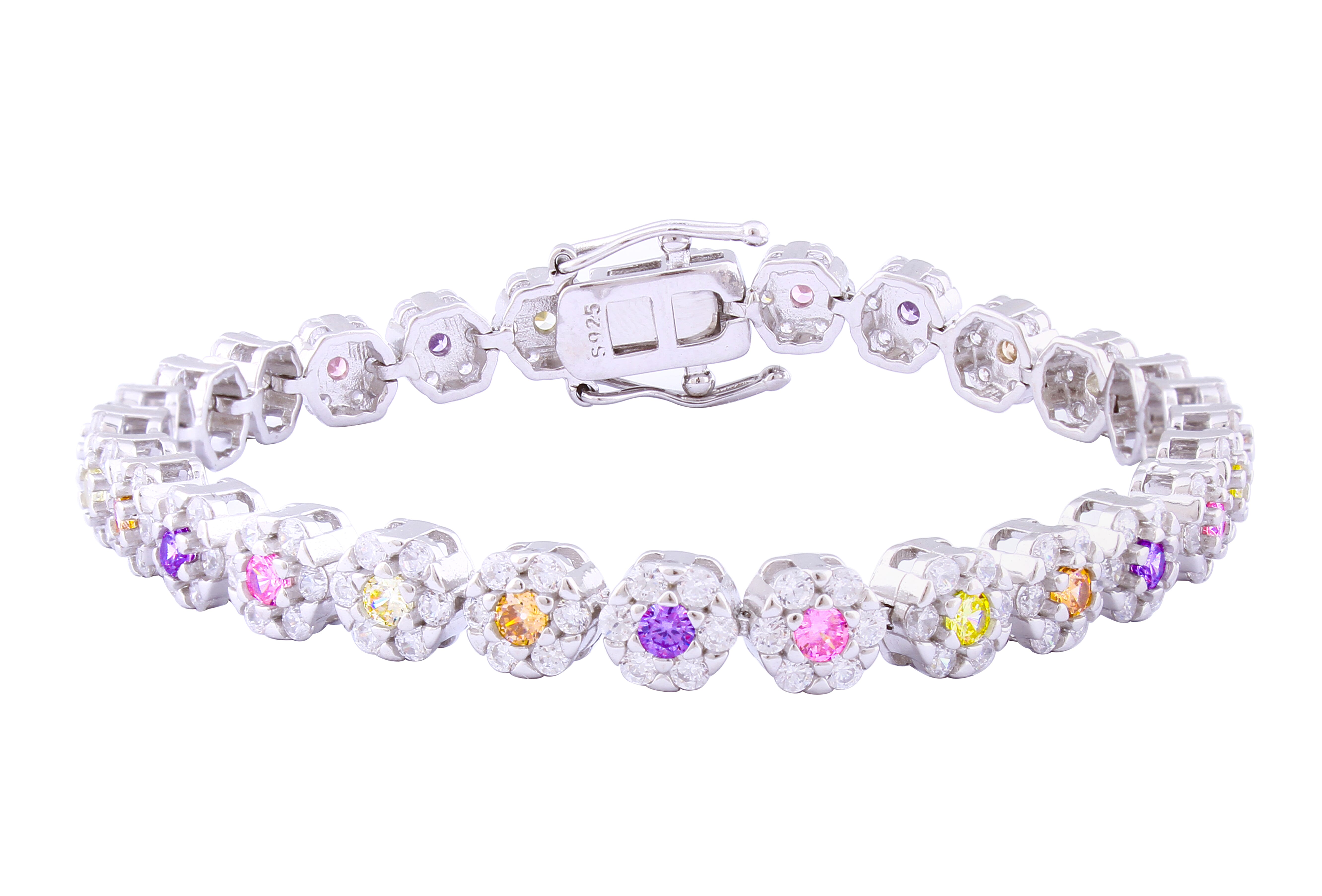 Asfour Crystal Tennis Bracelet With Multi Color Flower Design In 925 Sterling Silver BD0045-K