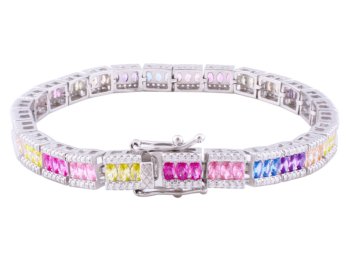 Asfour Crystal Tennis Bracelet With Multi Color Zircon Stones In 925 Sterling Silver BD0048-K