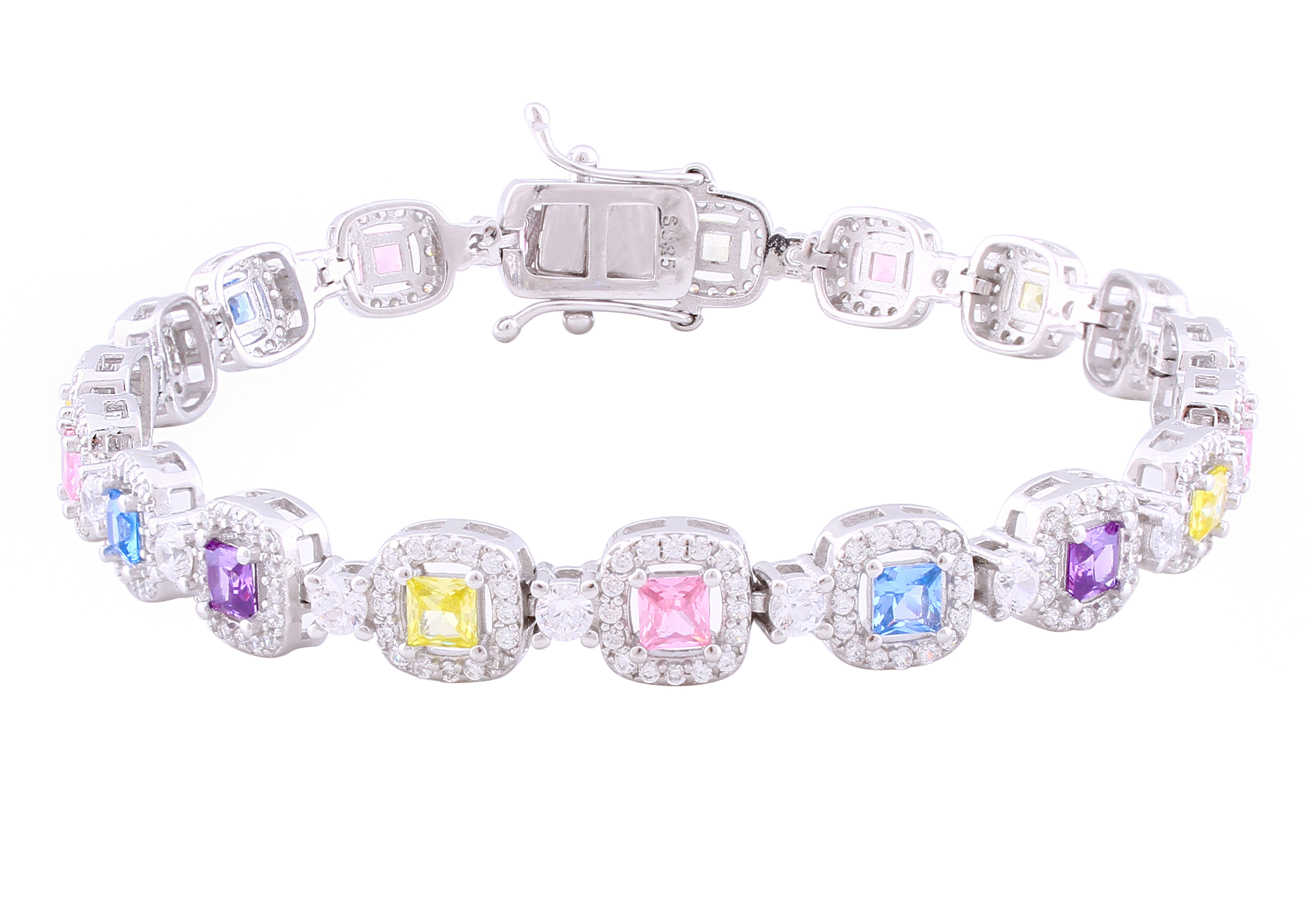 Asfour Crystal Tennis Bracelet With Multi Color Zircon Stones In 925 Sterling Silver BD0054-K