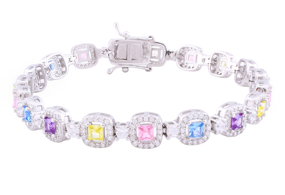 Asfour Crystal Tennis Bracelet With Multi Color Zircon Stones In 925 Sterling Silver BD0054-K