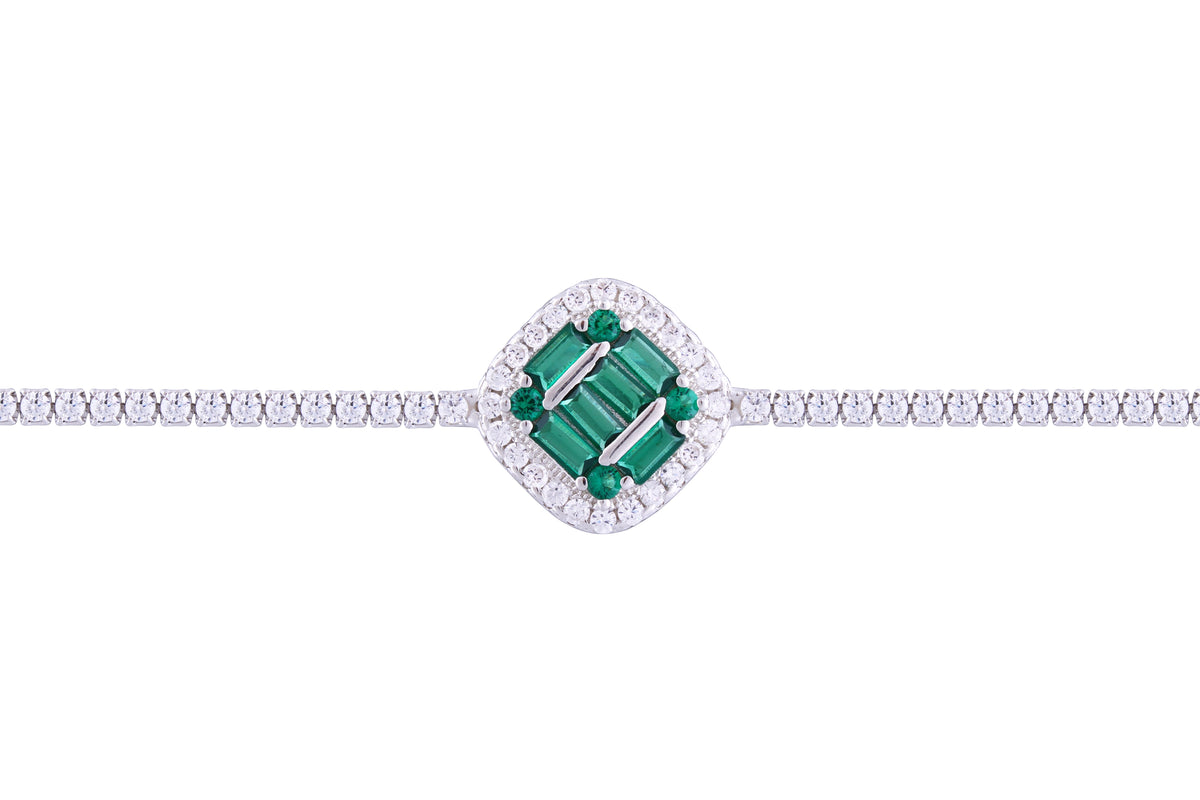 Asfour Crystal Tennis Bracelet With Emerald Rhombus Design In 925 Sterling Silver BD0074-WG