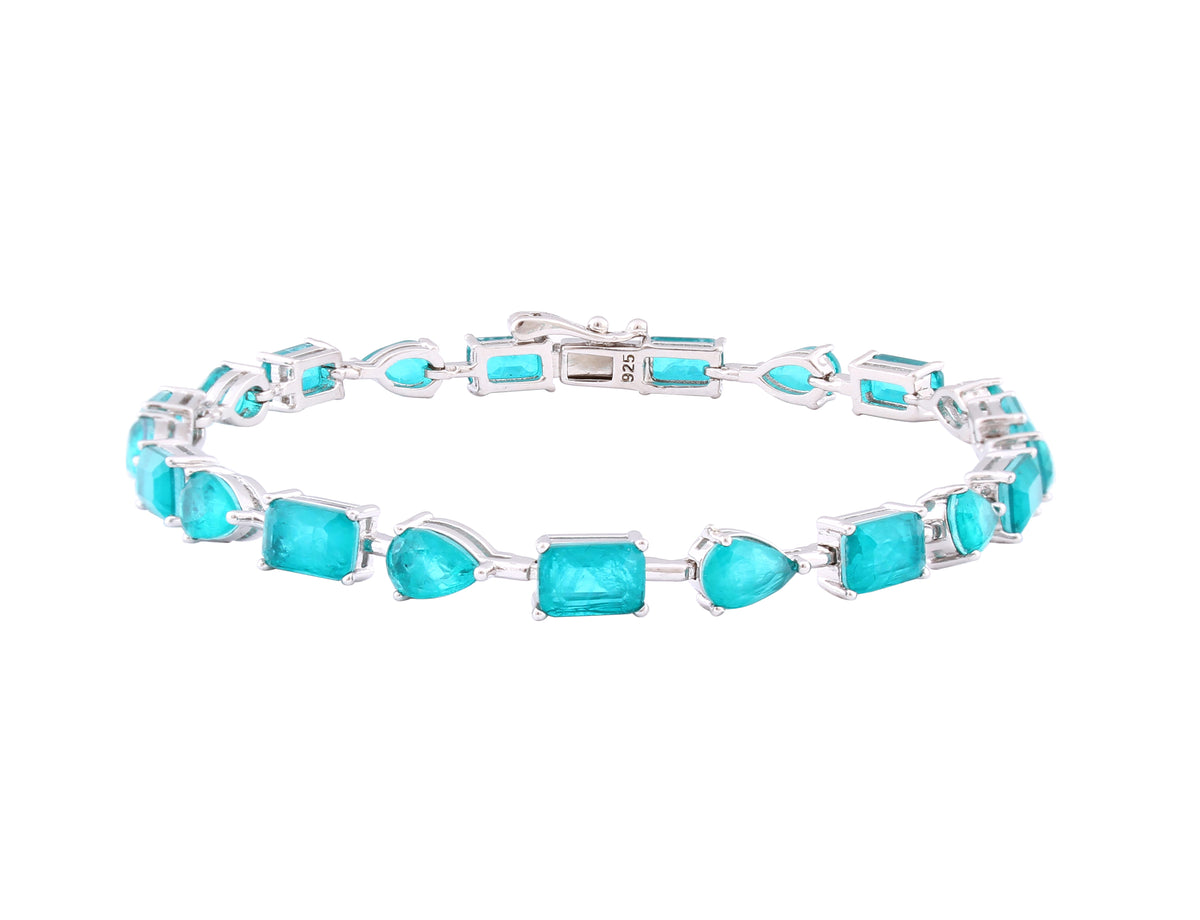 Asfour Crystal Tennis Bracelet With Turquoise Pear & Emerald Zircon In 925 Sterling Silver