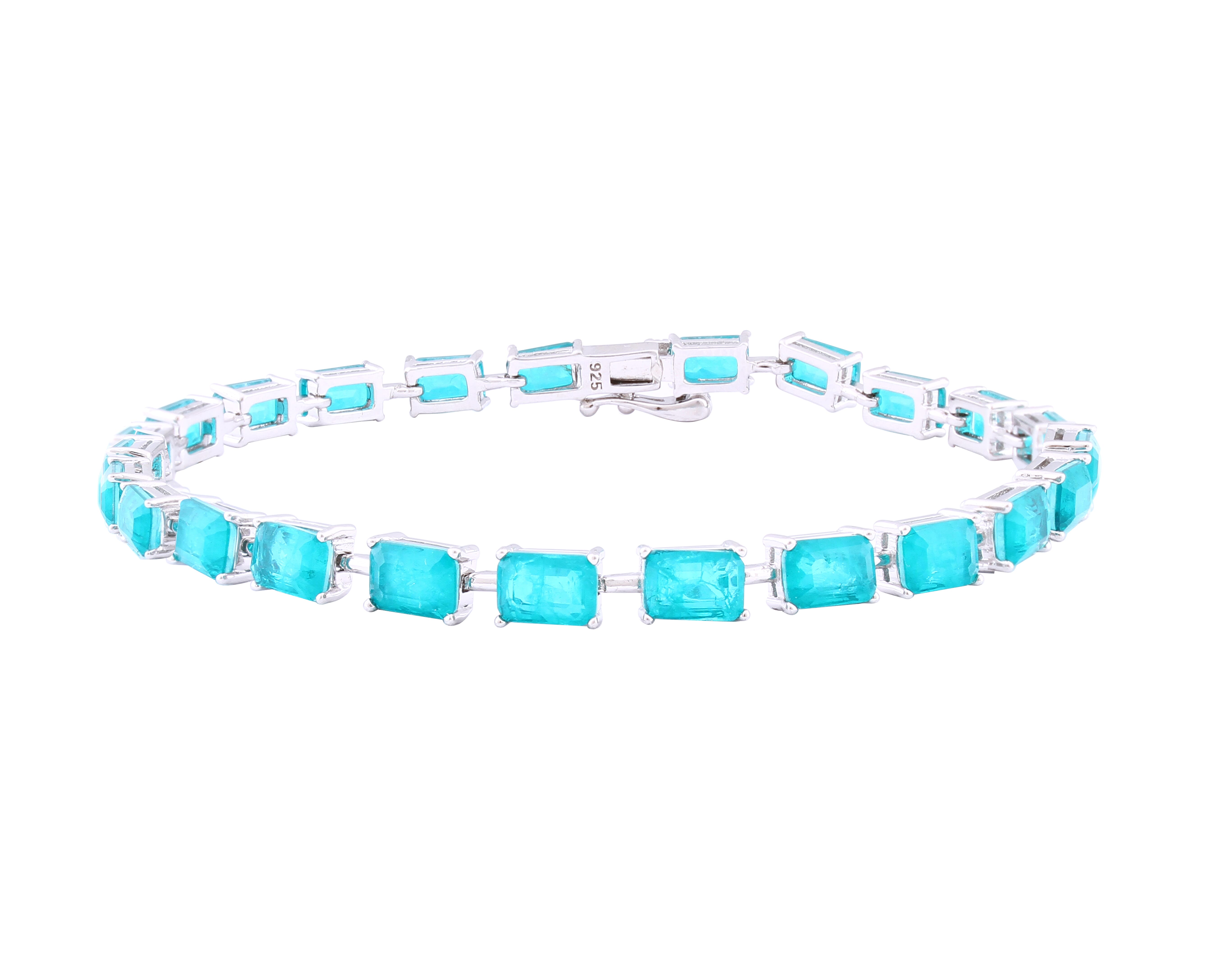 Asfour Crystal Tennis Bracelet With Emerald Cut Turquoise Zircon In 925 Sterling Silver