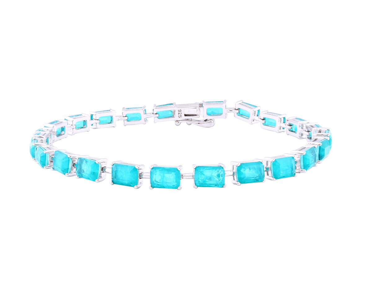 Asfour Crystal Tennis Bracelet With Emerald Cut Turquoise Zircon In 925 Sterling Silver