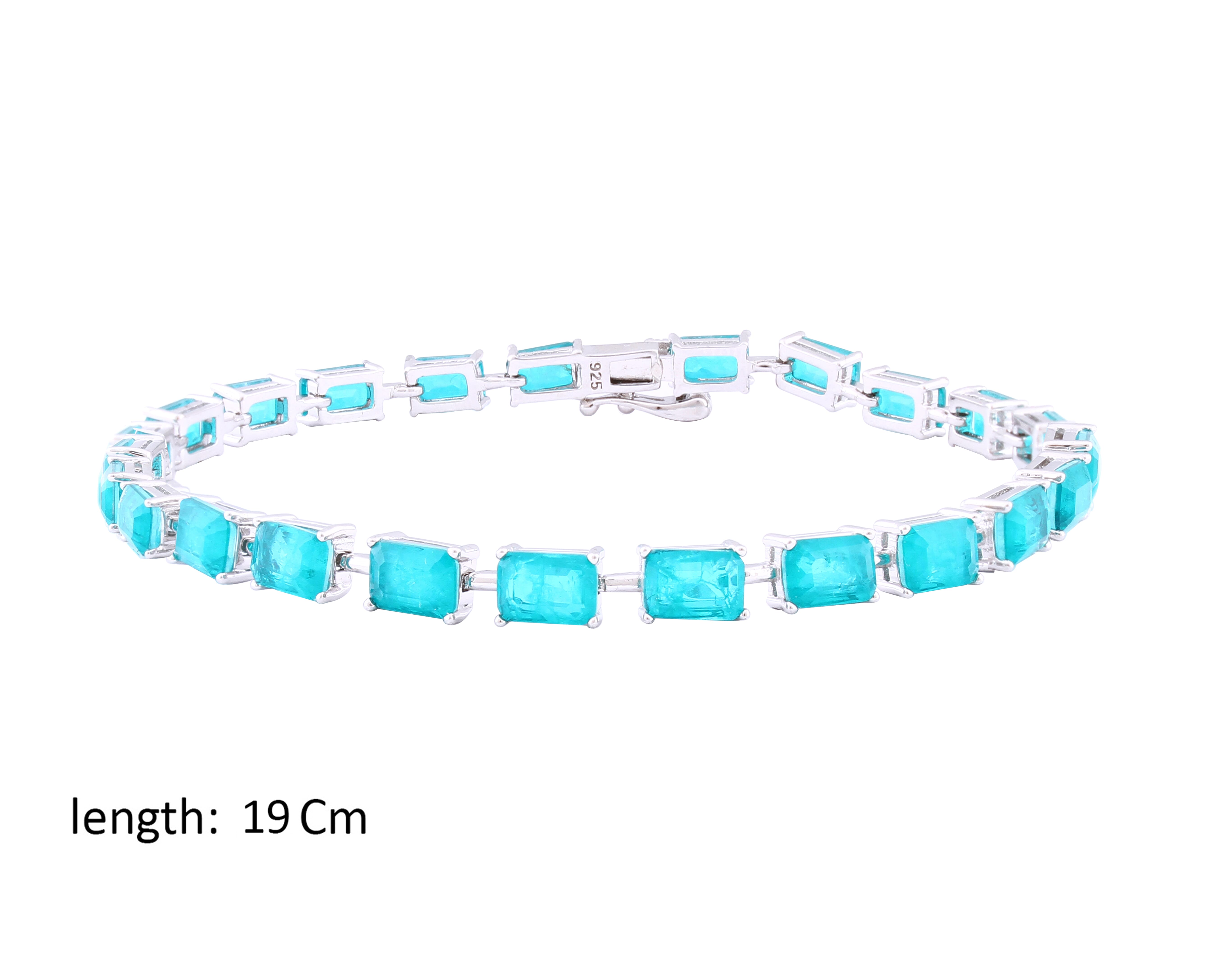 Asfour Crystal Tennis Bracelet With Emerald Cut Turquoise Zircon In 925 Sterling Silver