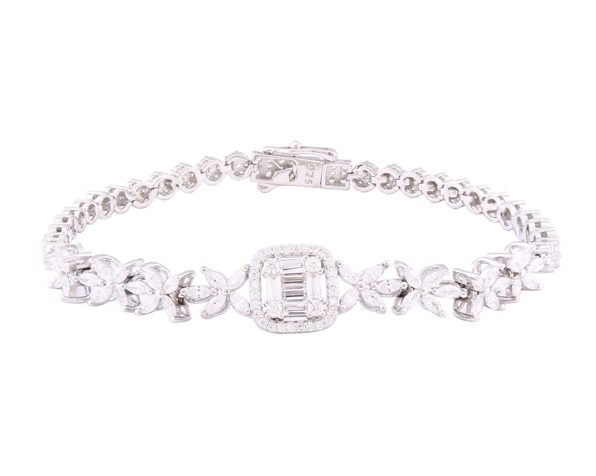 Asfour Crystal Tennis Bracelet With Art Deco Design In 925 Sterling Silver