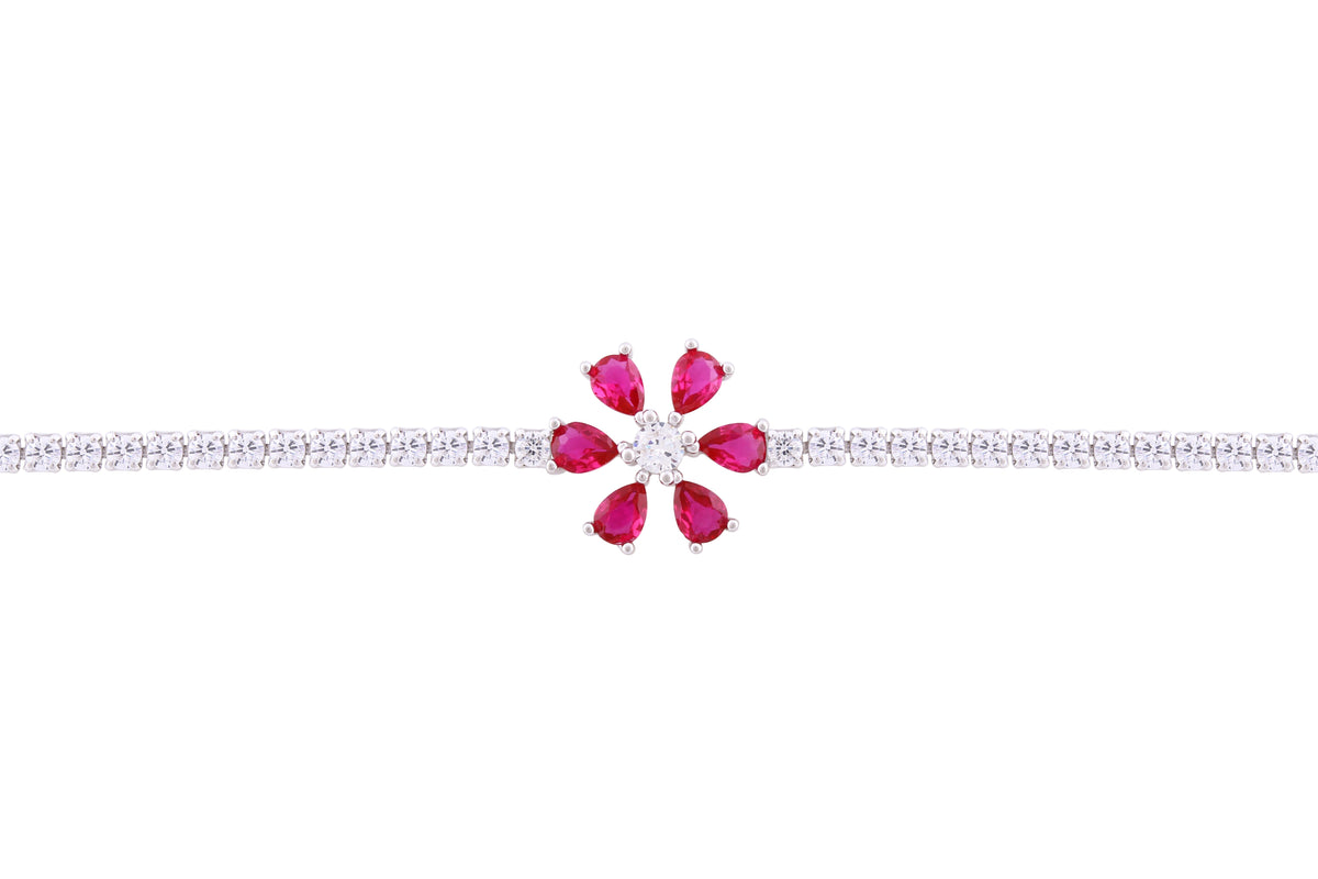 Asfour Crystal Tennis Bracelet With Fuchsia Flower Design In 925 Sterling Silver