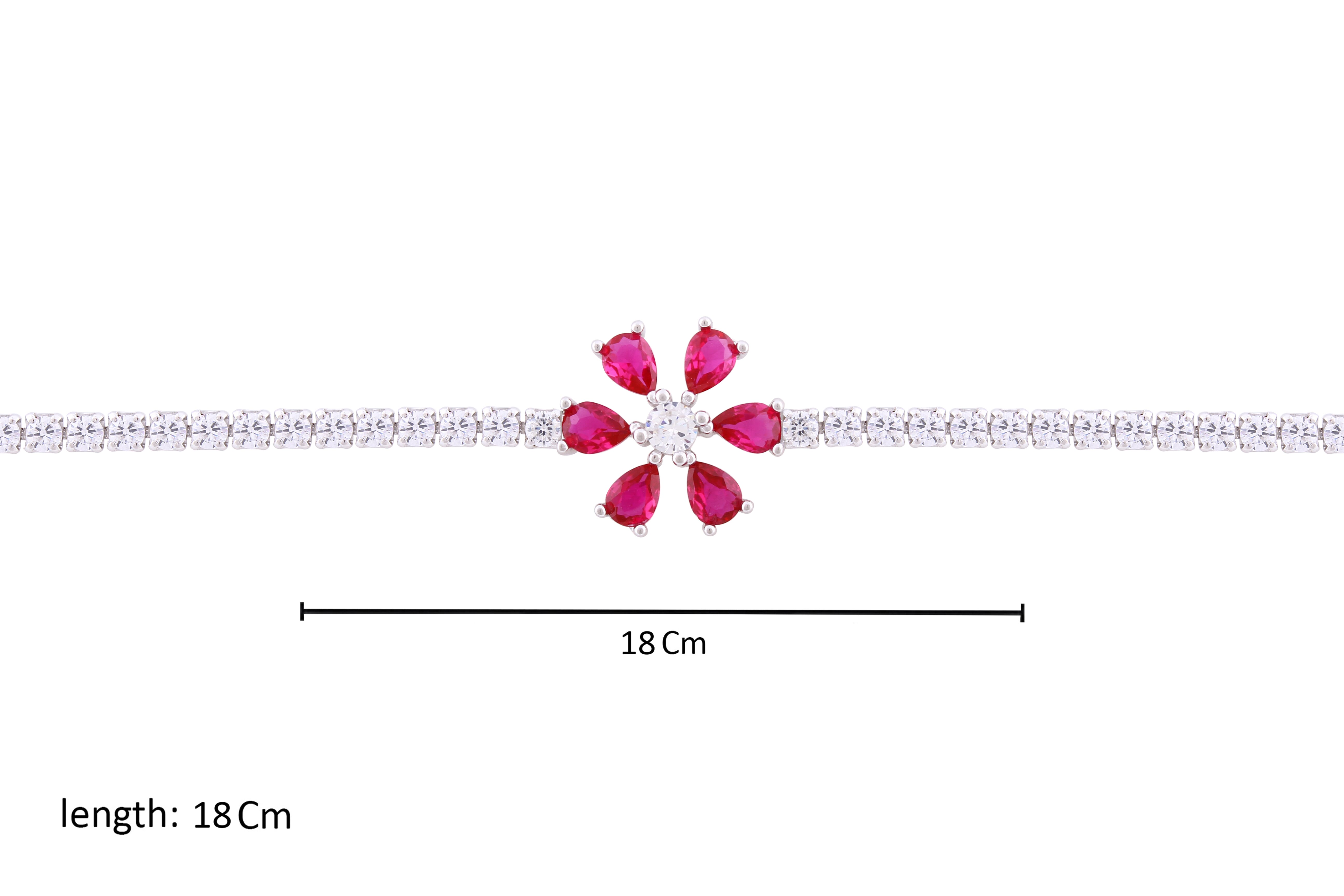 Asfour Crystal Tennis Bracelet With Fuchsia Flower Design In 925 Sterling Silver