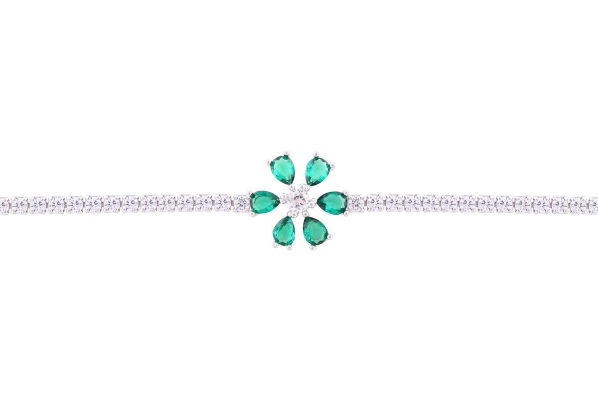 Asfour Crystal Tennis Bracelet With Emerald Flower Design In 925 Sterling Silver