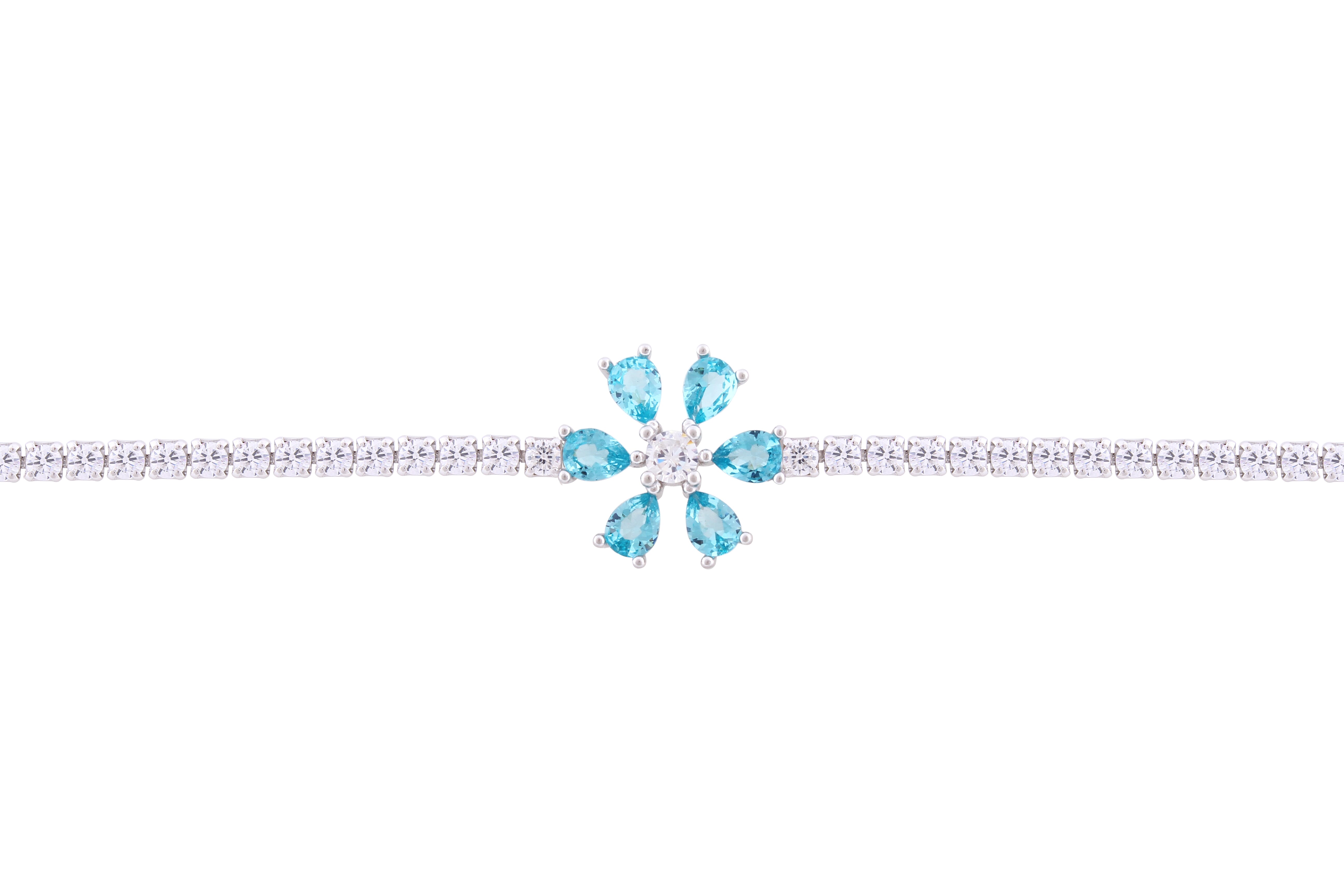 Asfour Crystal Tennis Bracelet With Aquamarine Flower Design In 925 Sterling Silver