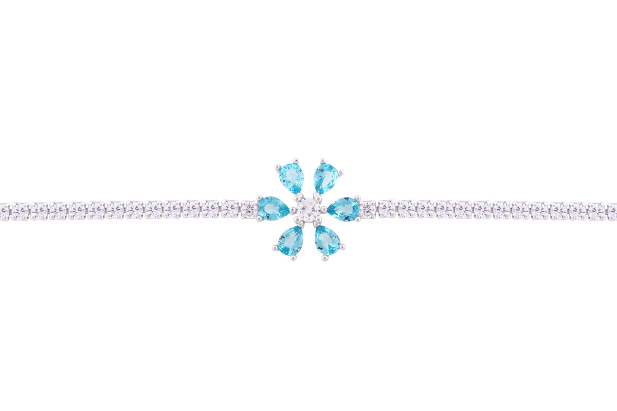 Asfour Crystal Tennis Bracelet With Aquamarine Flower Design In 925 Sterling Silver