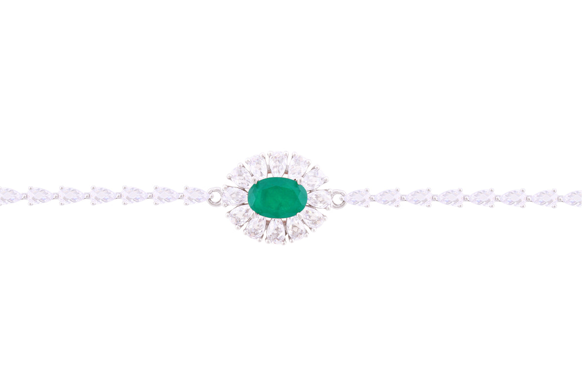 Asfour Crystal Tennis Bracelet With Pear & Emerald Oval Zircon In 925 Sterlign Silver